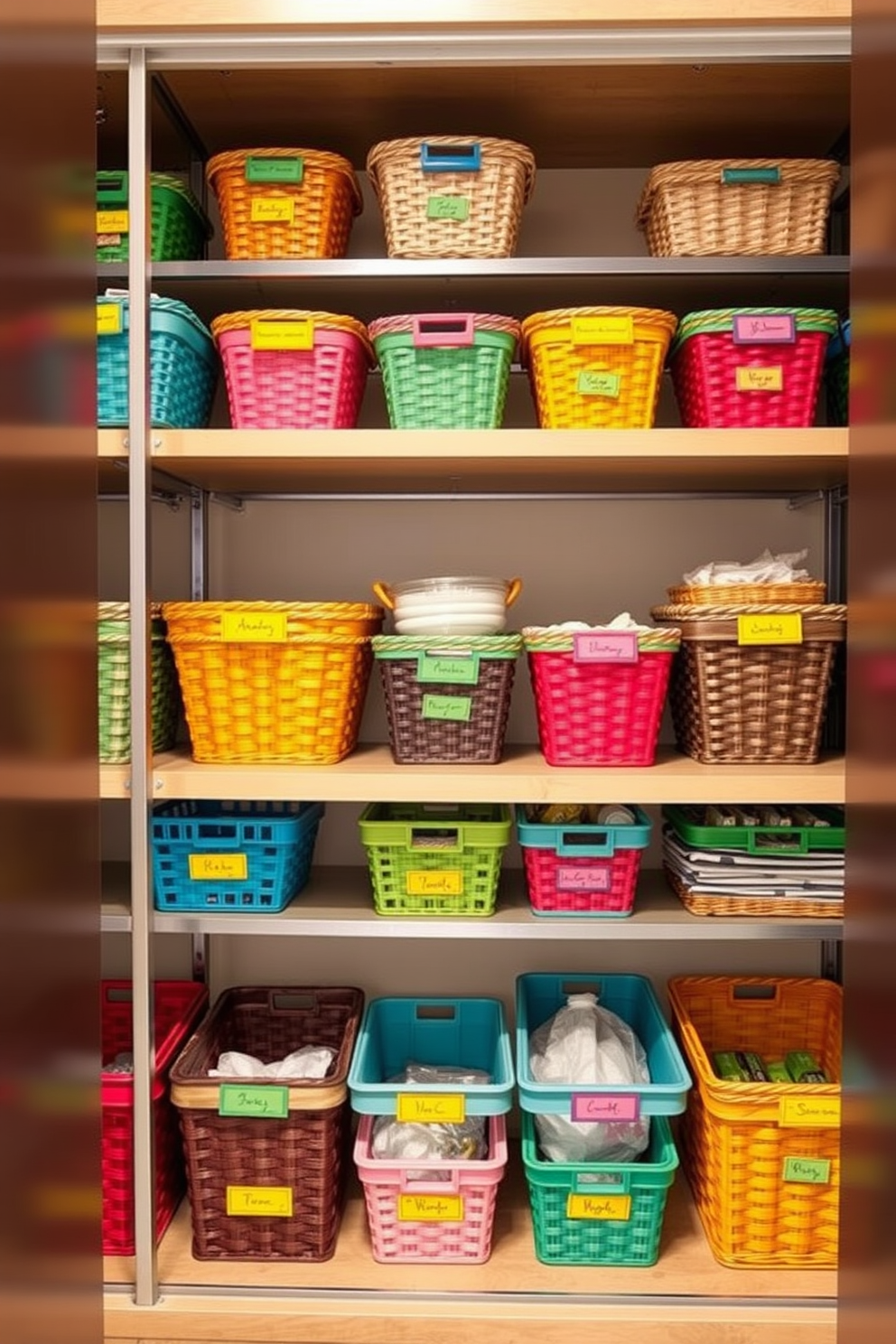 Colorful baskets in a kitchen pantry create a vibrant and organized space. The baskets are arranged on open shelves, showcasing a variety of sizes and patterns that add visual interest. The pantry features a combination of wooden and metal shelving for a modern touch. Brightly colored labels adorn each basket, making it easy to find ingredients and maintain a tidy appearance.