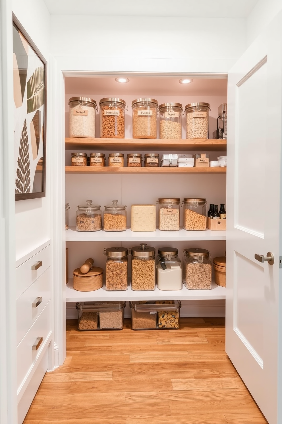 Design a modern kitchen pantry featuring labeled containers for quick identification. The pantry is organized with clear glass jars and wooden labels, creating a clean and efficient space. Incorporate open shelving for easy access to frequently used items. The walls are painted in a bright white color, and the floor is a warm wood finish to enhance the inviting atmosphere.