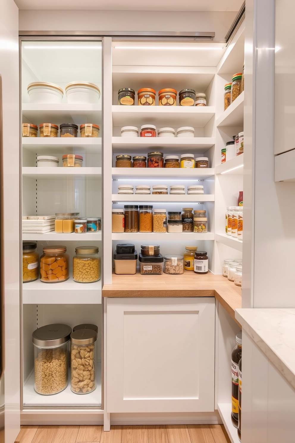 A well-organized corner pantry designed to maximize tight spaces. Shelving units are installed in a triangular layout, allowing easy access to all stored items while maintaining a clean aesthetic. The pantry features a sliding door that saves space and complements the overall kitchen design. Soft LED lighting illuminates the shelves, highlighting the neatly arranged jars and pantry essentials.