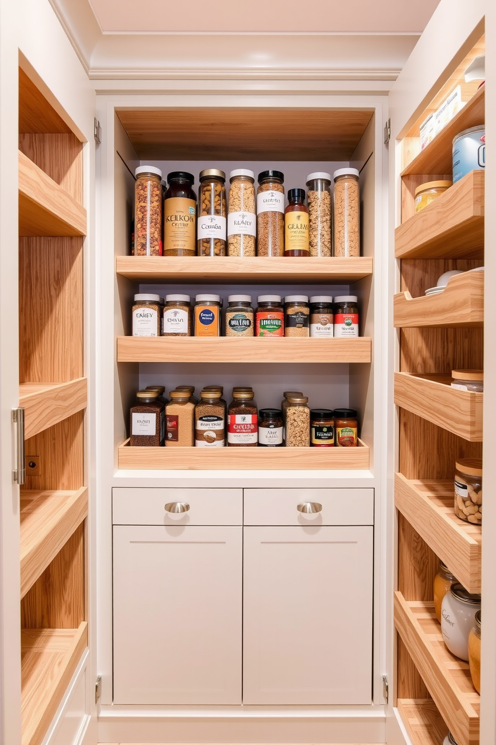 A modern kitchen pantry featuring stackable bins for bulk items. The bins are organized neatly on wooden shelves, showcasing a variety of grains, snacks, and spices in clear containers. The walls are painted in a soft white, creating a bright and airy feel. A small chalkboard is mounted on the door for easy labeling and meal planning.