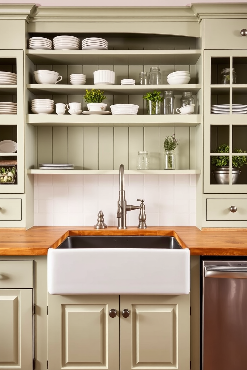 A charming farmhouse kitchen features a large apron front sink made of white porcelain, complemented by a rustic wooden countertop. The surrounding cabinetry is painted in a soft sage green, with open shelves displaying vintage dishware and mason jars filled with herbs.