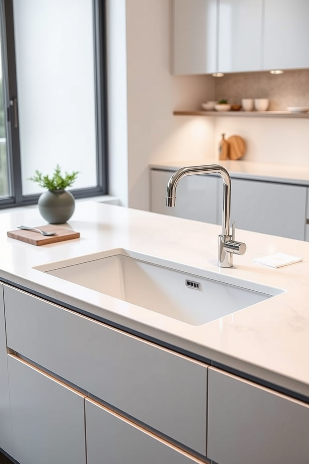 A minimalist kitchen sink design featuring clean lines and a sleek silhouette. The sink is integrated into a seamless countertop made of white quartz, enhancing the overall modern aesthetic.