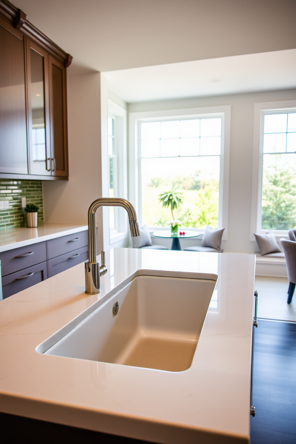 A sleek and modern kitchen features a drop-in sink seamlessly integrated into a stylish countertop. The sink is surrounded by elegant cabinetry, with a brushed nickel faucet adding a touch of sophistication. Natural light floods the space through large windows, illuminating the vibrant backsplash that complements the sink design. A cozy breakfast nook sits nearby, with plush seating and a small table perfect for casual dining.