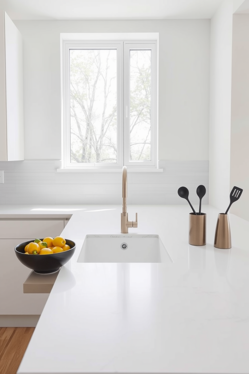 A modern kitchen featuring an integrated sink that blends seamlessly with a sleek quartz countertop. The cabinetry is a soft matte white, and the backsplash is a subtle textured tile that adds depth to the design. Natural light pours in through a large window above the sink, highlighting the minimalist design. A stylish fruit bowl sits on the countertop, accompanied by a set of elegant kitchen utensils in a matching holder.