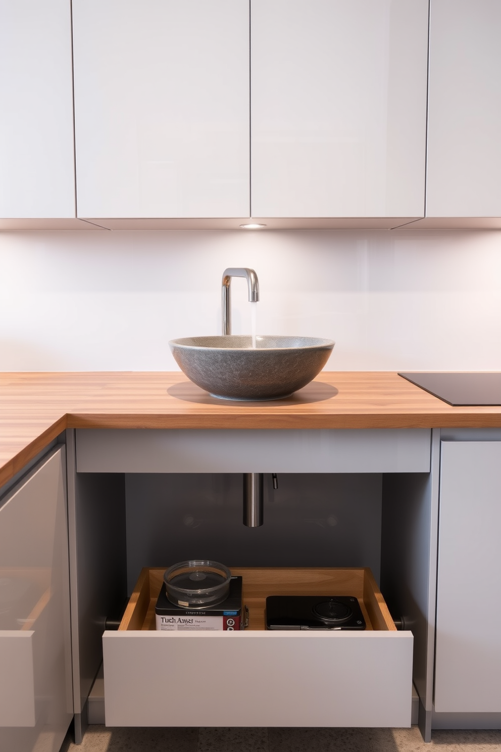 A stylish vessel sink is the centerpiece of a modern kitchen design. The sink is made of polished stone, elegantly perched on a sleek wooden countertop that complements the overall aesthetic. Surrounding the sink, contemporary cabinetry features clean lines and a glossy finish. Underneath, a pull-out drawer provides easy access to kitchen essentials, enhancing both functionality and style.