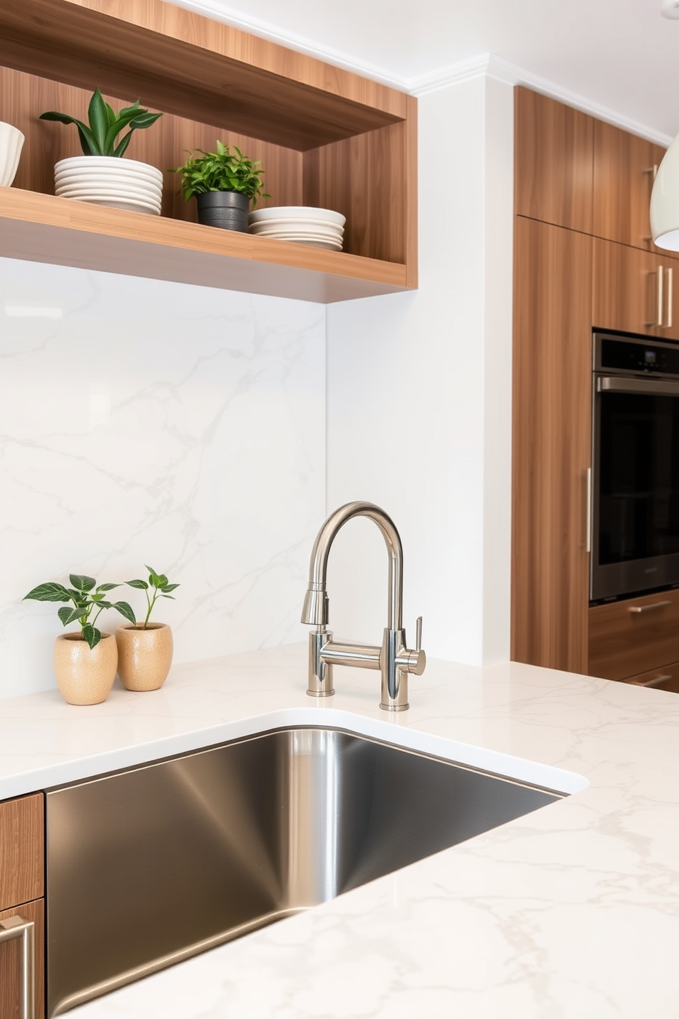 A corner kitchen sink is elegantly integrated into the cabinetry to maximize space and functionality. The sink features a sleek stainless steel design with a high-arc faucet that complements the modern kitchen aesthetic. Surrounding the sink, the countertops are adorned with beautiful quartz that offers durability and style. Open shelving above the sink showcases decorative dishware and plants, adding a touch of personality to the kitchen design.