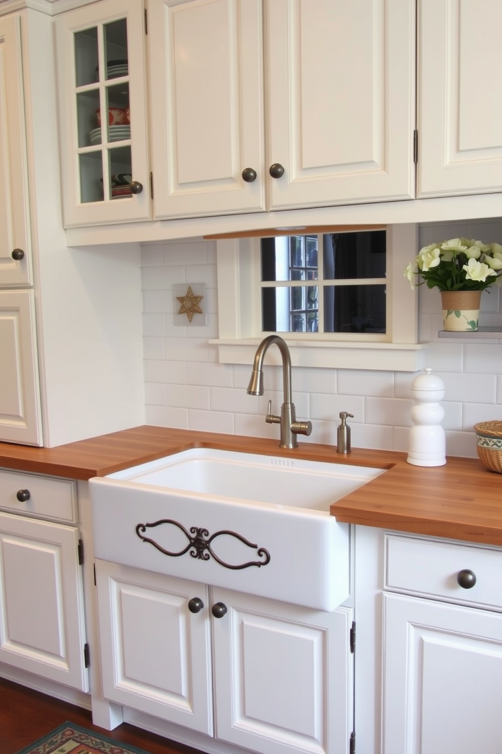 A charming kitchen featuring a farmhouse sink with a decorative apron that adds a rustic touch. The surrounding cabinetry is painted in a soft white, complemented by a butcher block countertop that enhances the warm and inviting atmosphere.