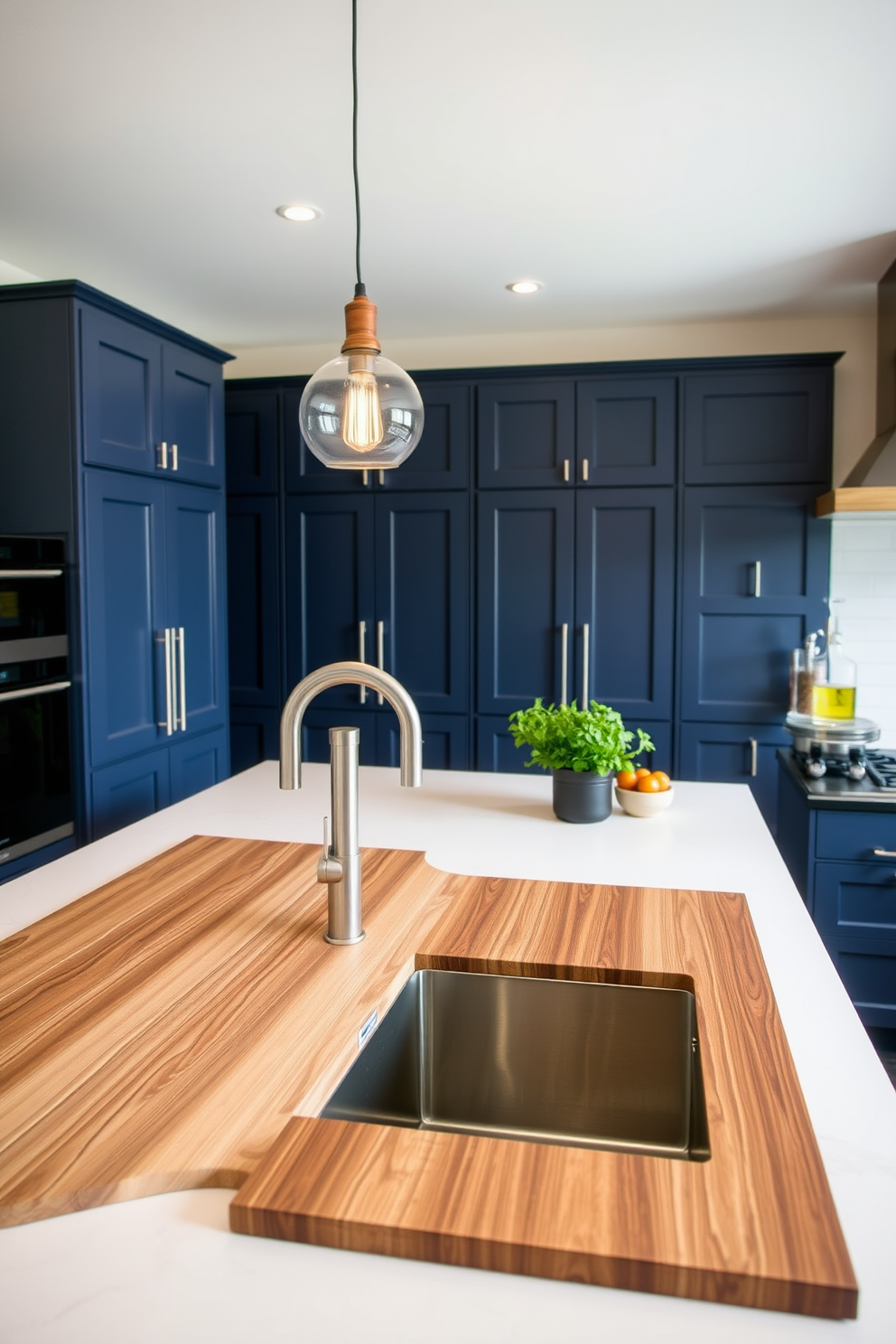 A modern kitchen features an integrated cutting board and sink combo that maximizes functionality and style. The sleek stainless steel sink is seamlessly blended with a wooden cutting board, creating a cohesive look that enhances the cooking experience. The cabinetry is a rich navy blue, providing a striking contrast to the light-colored countertops. Pendant lights hang above the island, casting a warm glow over the workspace, while potted herbs add a touch of greenery to the decor.