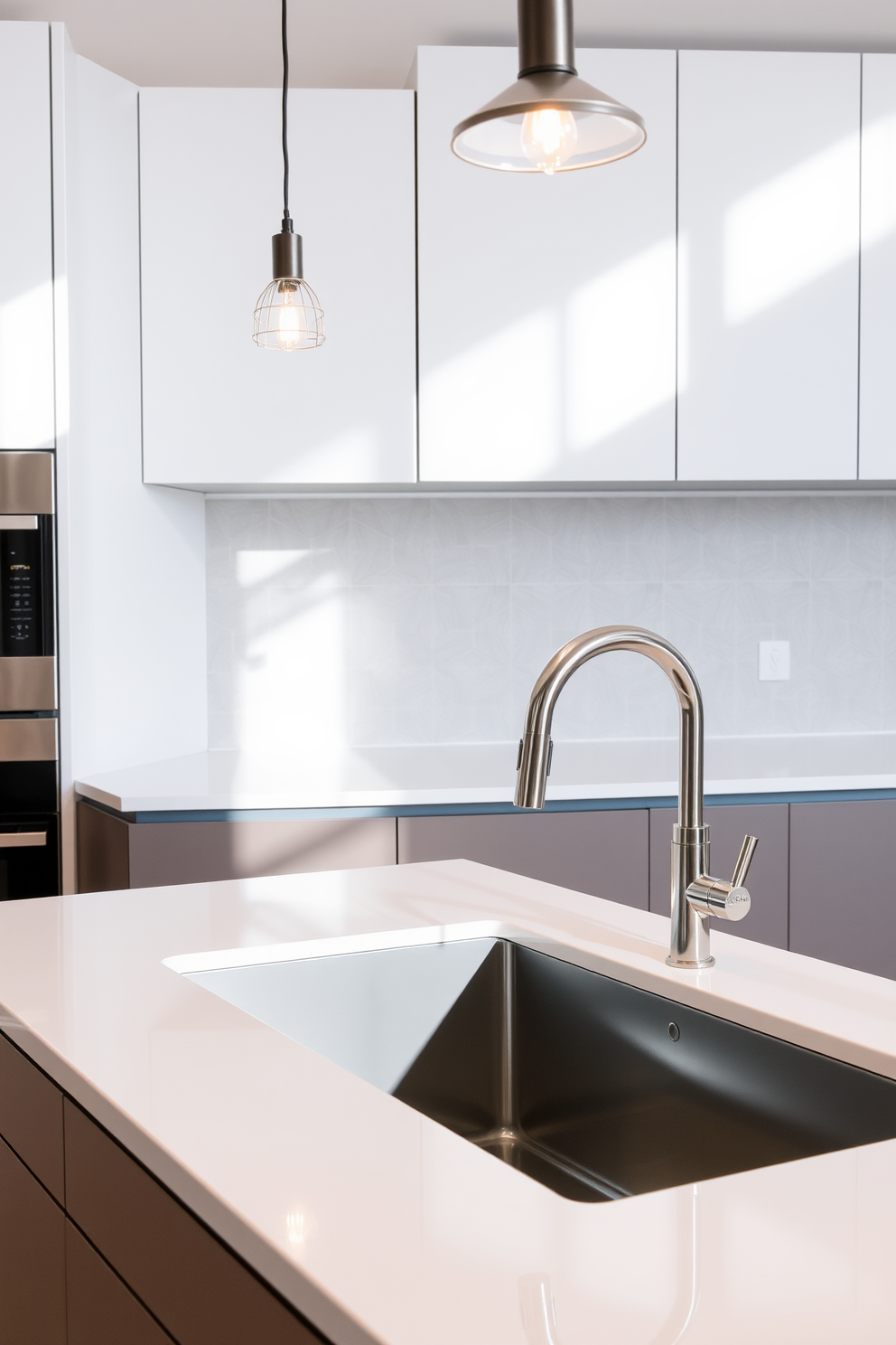 A sleek kitchen featuring a recessed sink seamlessly integrated into the countertop. The cabinetry is finished in a soft white with brushed nickel hardware, creating a clean and modern aesthetic. Above the sink, a stylish backsplash made of glossy subway tiles adds a touch of elegance. Natural light floods the space through a large window, highlighting the polished quartz countertop and the organized layout.