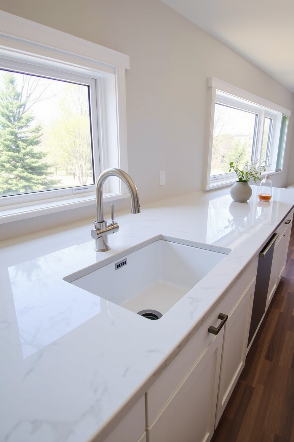 A sleek undermount sink is seamlessly integrated into a stylish kitchen countertop made of polished quartz. The surrounding cabinetry features a minimalist design in a soft white finish, enhancing the contemporary aesthetic. Above the sink, a large window allows natural light to flood the space, highlighting the clean lines and modern fixtures. Complementing the sink, a brushed nickel faucet adds a touch of elegance and functionality to the kitchen design.