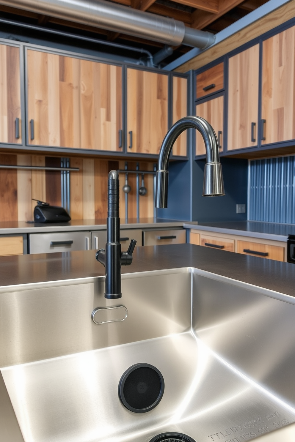 An industrial style kitchen featuring a large stainless steel sink with exposed metal piping and a sleek black faucet. The surrounding cabinetry is a mix of reclaimed wood and metal, creating a rustic yet modern aesthetic.