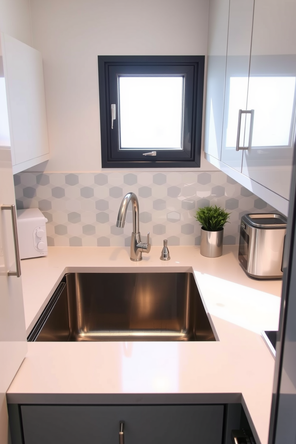 A compact sink is integrated into a small kitchen with sleek cabinetry and modern appliances. The countertop is finished in a light quartz, providing a bright and airy feel to the space. Above the sink, a stylish backsplash features geometric tiles in soft pastel colors. Natural light floods the area through a small window, enhancing the cheerful atmosphere of the kitchen.