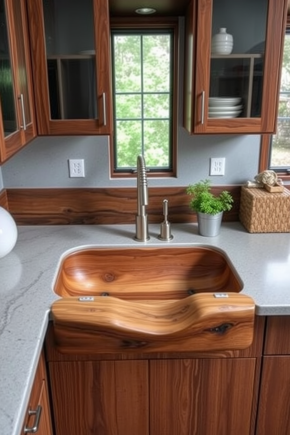 A stunning kitchen featuring a bamboo sink that blends sustainability with modern design. The sink is complemented by sleek cabinetry in a soft white finish and a beautiful butcher block countertop. The backsplash is adorned with vibrant green tiles that bring a refreshing touch to the space. Natural light floods in through large windows, highlighting the open layout and creating a warm and inviting atmosphere.