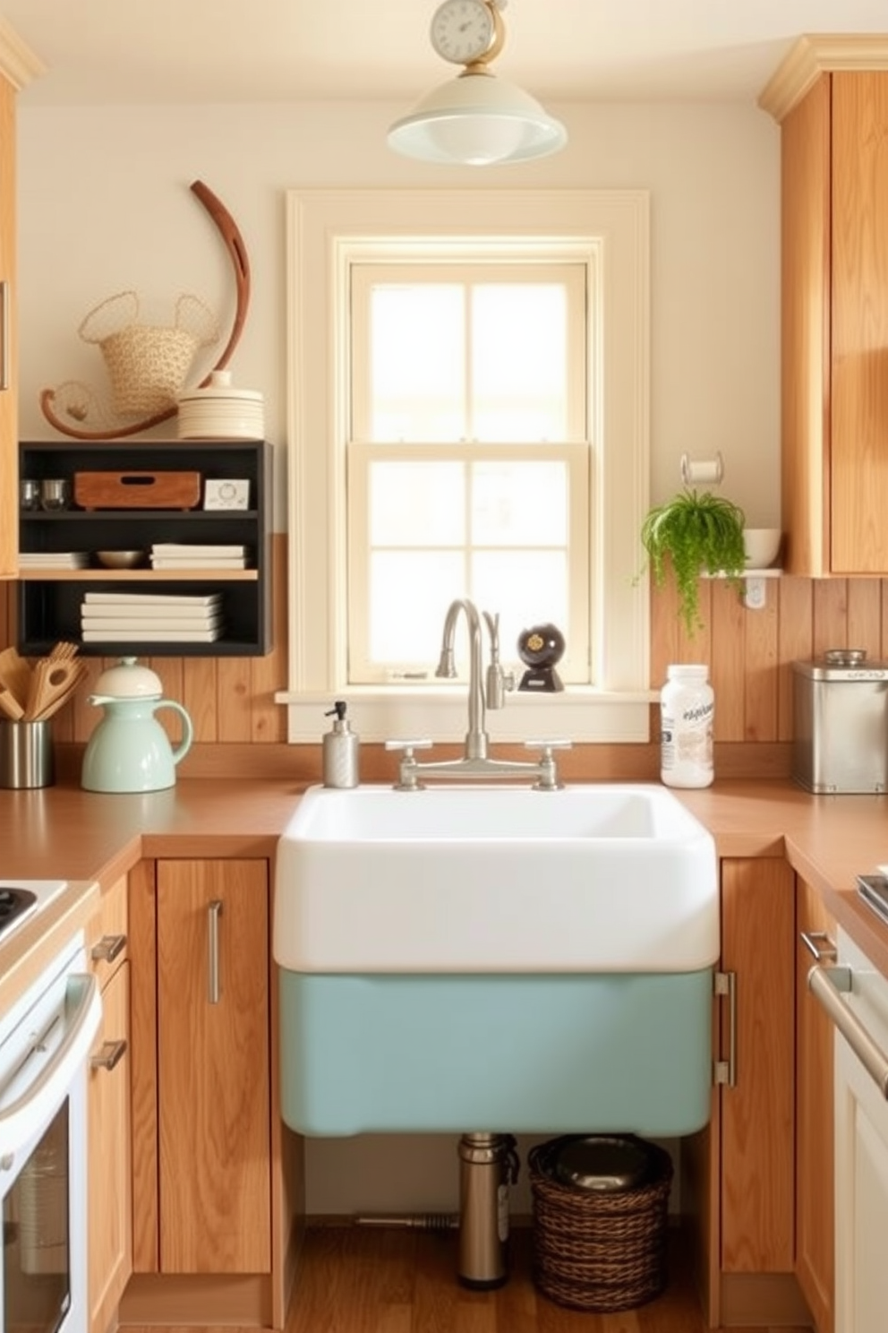 A retro style sink in pastel colors sits at the center of a charming kitchen. The sink is complemented by vintage-inspired fixtures and surrounded by light wood cabinetry, creating a warm and inviting atmosphere.