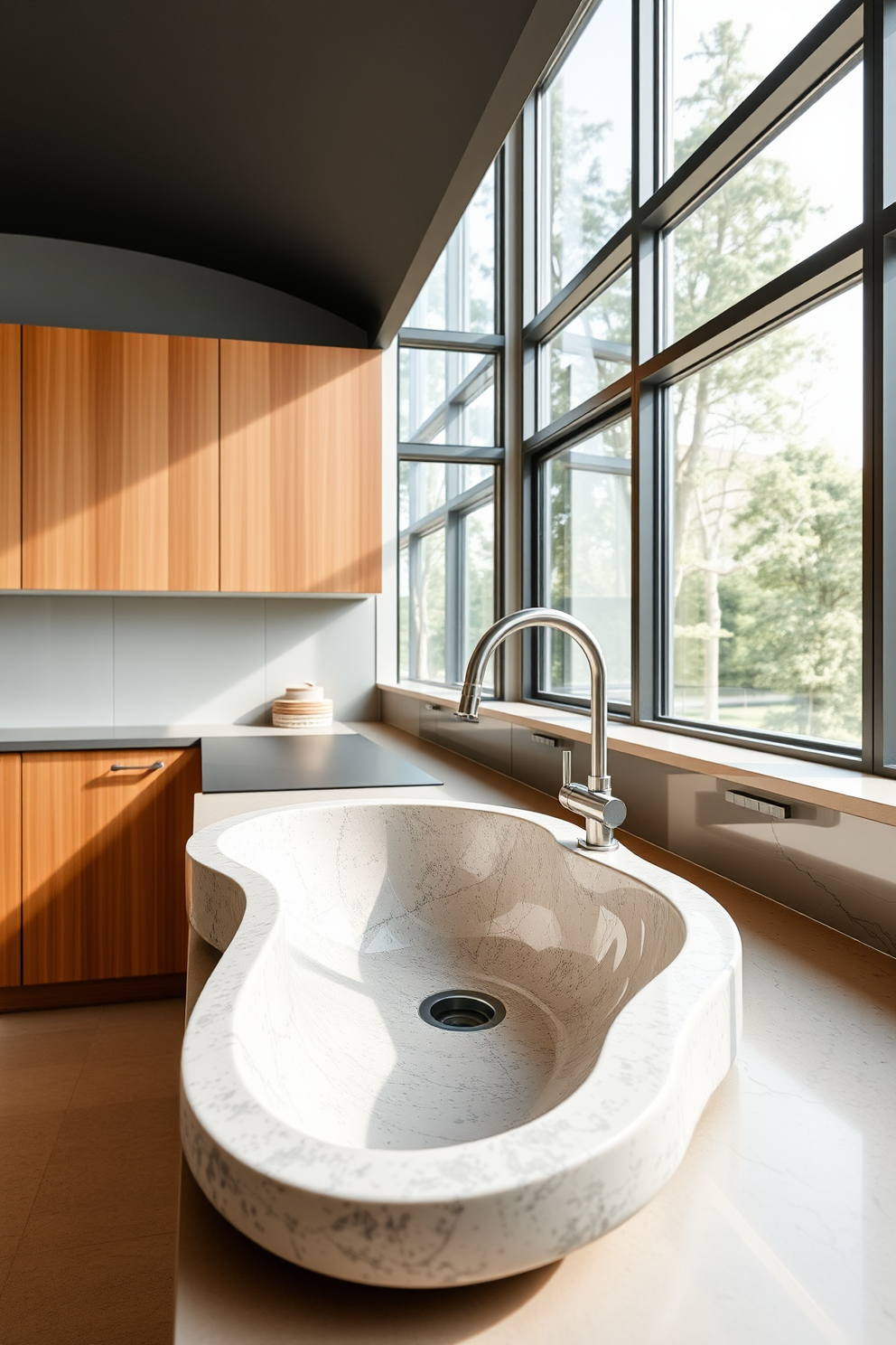 A modern kitchen featuring a sculptural sink as the centerpiece. The sink is crafted from polished stone with unique curves, surrounded by sleek cabinetry in a warm wood finish. Natural light floods the space through large windows, highlighting the minimalist design. A stylish faucet complements the sink, adding an elegant touch to the overall aesthetic.