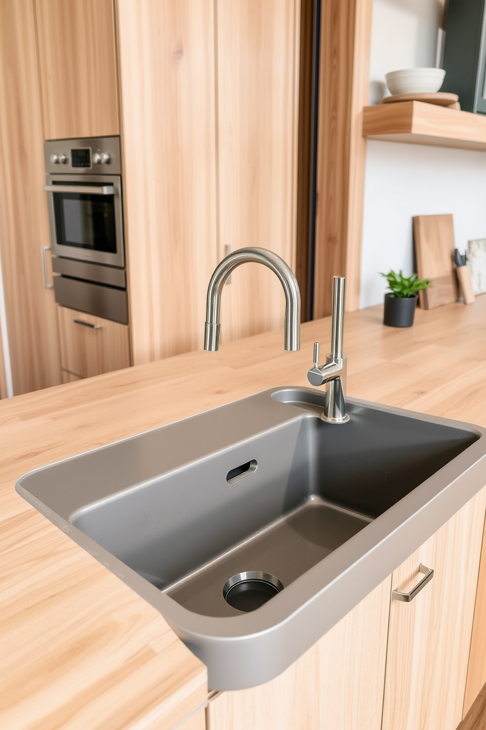 A stylish eco-friendly kitchen sink made from recycled materials features a sleek, modern design that blends seamlessly with natural wood cabinetry. The sink is complemented by a brushed nickel faucet and surrounded by a spacious countertop made of sustainable materials, creating a harmonious and environmentally conscious cooking space.