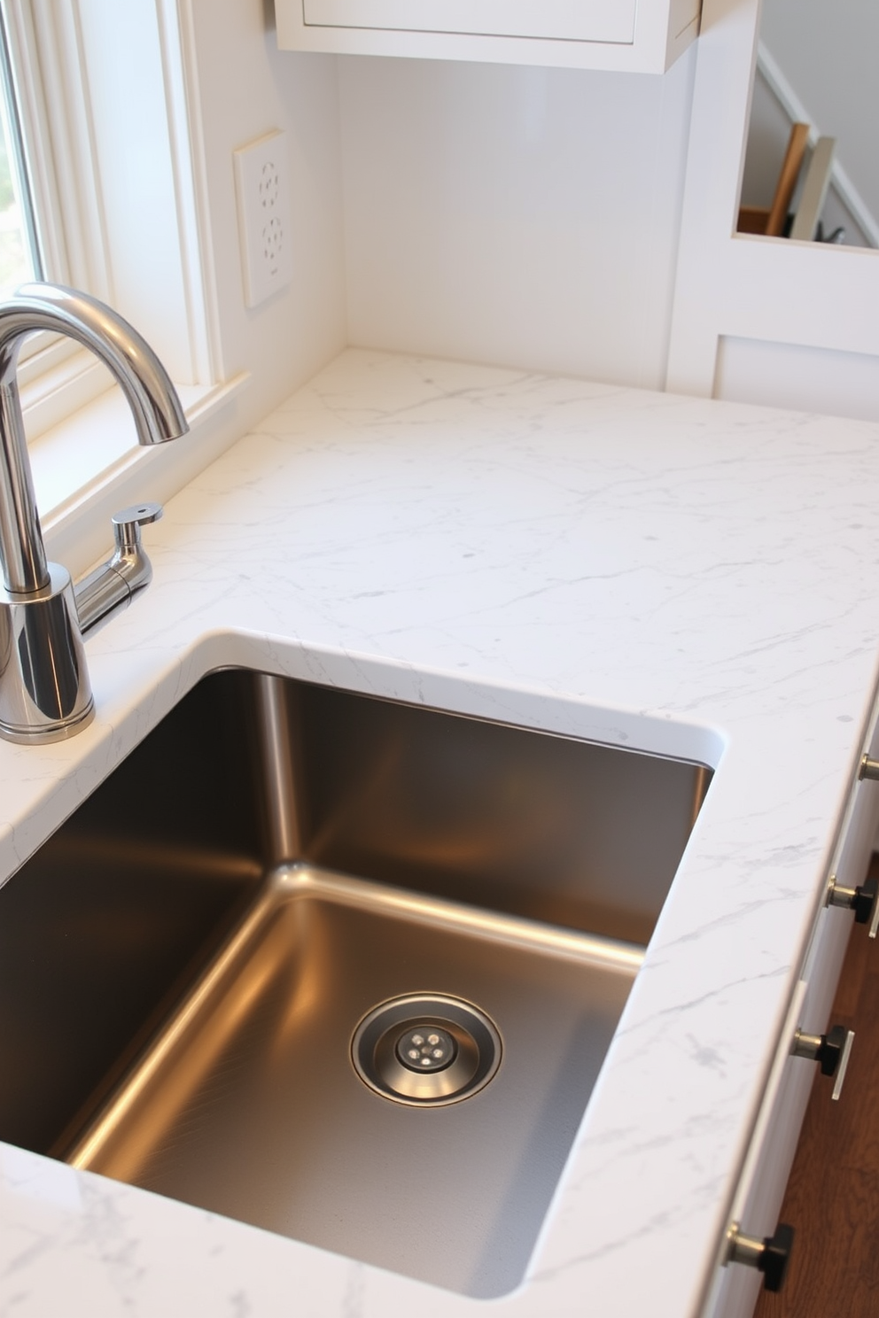 A functional kitchen sink features a sleek design with a built-in soap dispenser seamlessly integrated into the countertop. The sink is surrounded by elegant cabinetry that complements the overall kitchen aesthetic, providing both style and utility.