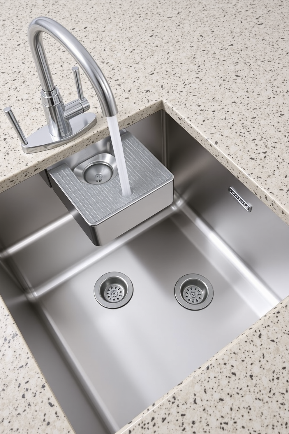 A multi-level kitchen sink with two distinct basins offers versatility for various tasks. The upper basin is shallow and ideal for rinsing fruits and vegetables, while the deeper basin accommodates larger pots and pans. The sink is surrounded by a sleek countertop made of polished granite, providing ample workspace. Modern faucet fixtures with pull-down sprayers enhance functionality and ease of use.