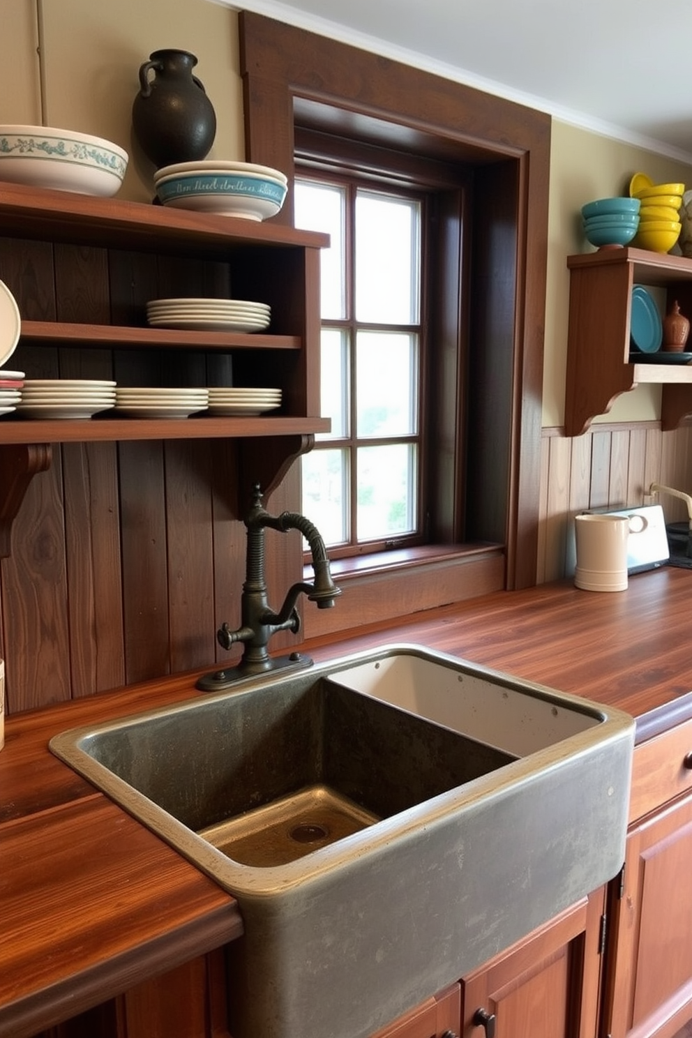 A vintage cast iron sink takes center stage in a charming kitchen setting. The sink is paired with a rustic wooden countertop and surrounded by open shelving displaying colorful dishware. Soft, warm lighting illuminates the space, highlighting the sink's unique texture and finish. Complementing the sink, there are vintage-style faucets with intricate detailing, adding to the overall character of the kitchen.