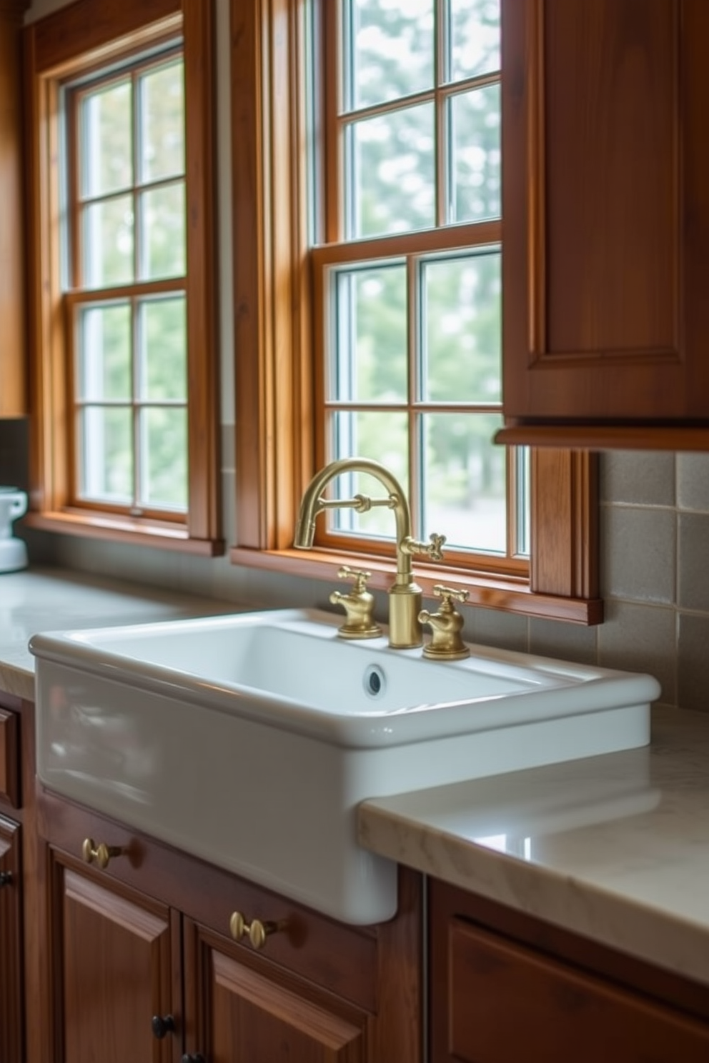 A traditional porcelain sink with a classic design sits elegantly in a warm and inviting kitchen. The sink is complemented by vintage-style brass faucets and surrounded by rich wooden cabinetry that enhances the timeless appeal of the space.