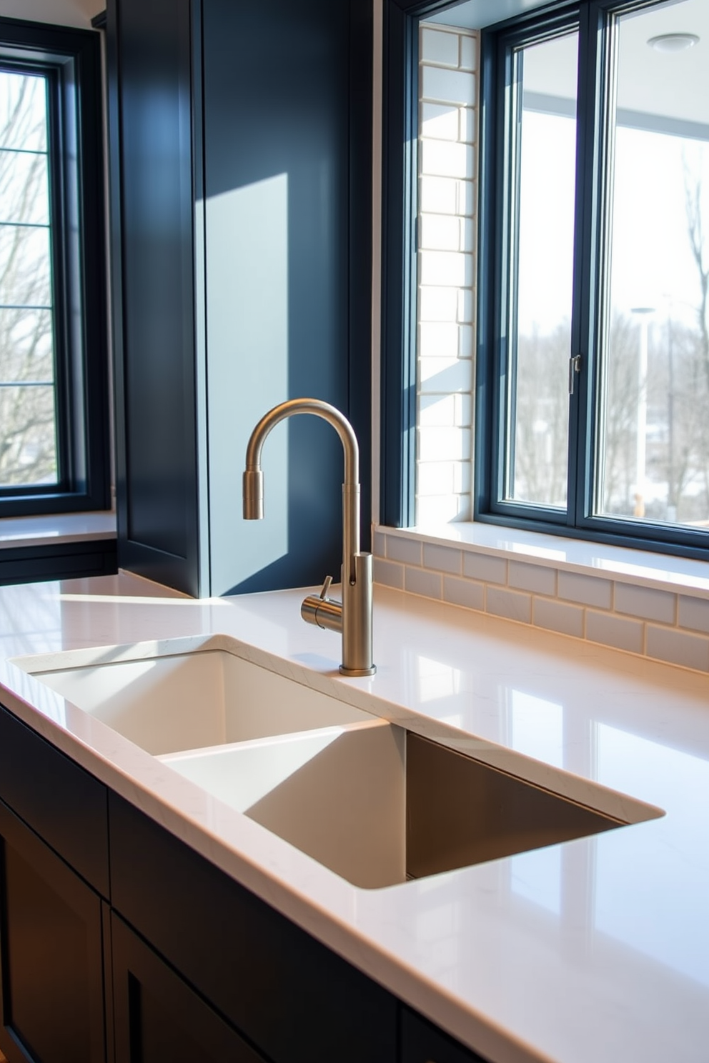 A vintage cast iron sink takes center stage in a cozy kitchen setting. The sink is complemented by rustic wooden cabinetry, featuring intricate detailing and warm, inviting tones. Above the sink, a charming window allows natural light to flood the space, highlighting the unique textures of the cast iron. A collection of potted herbs sits on the windowsill, adding a touch of greenery and freshness to the kitchen atmosphere.