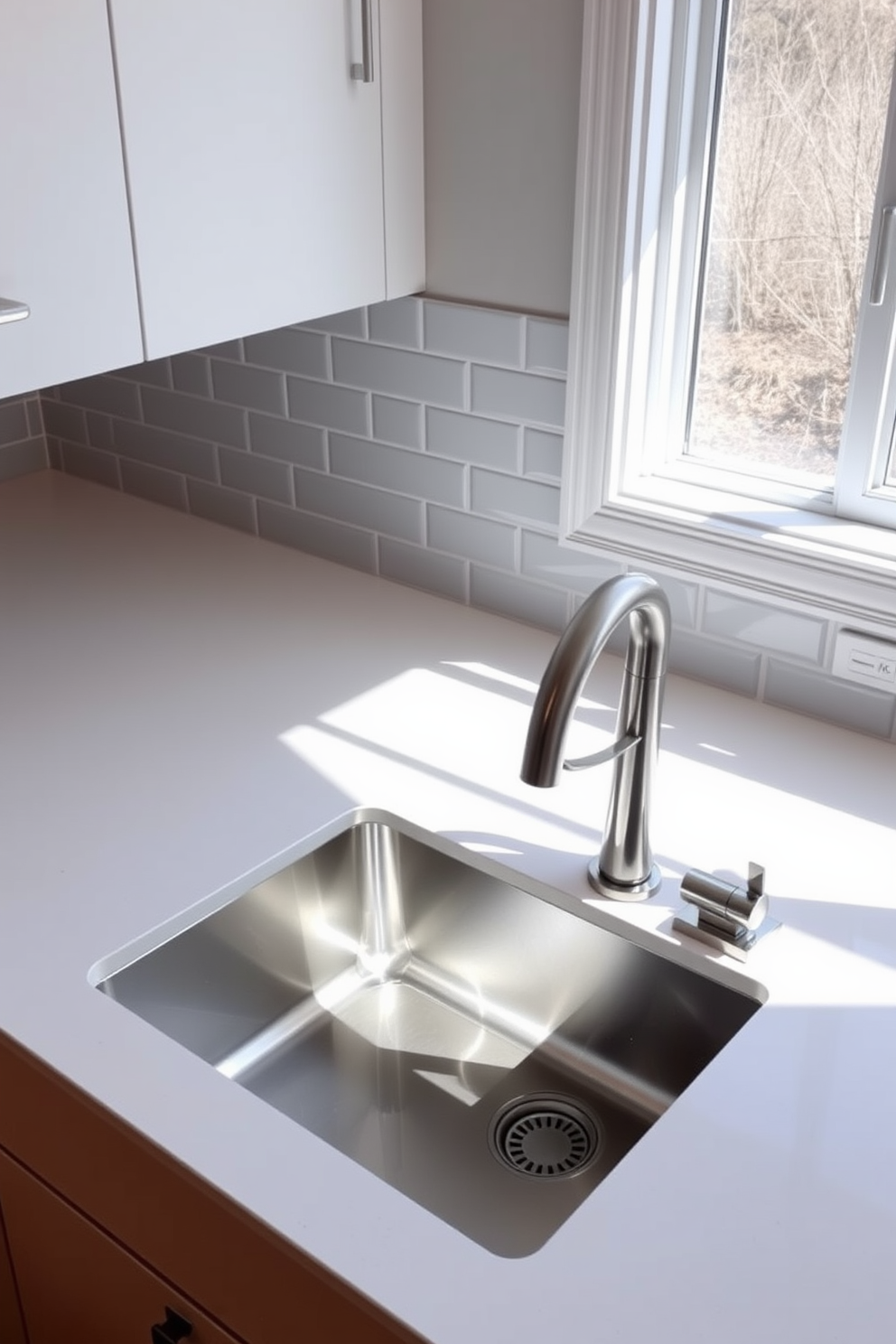 A modern kitchen featuring a stainless steel sink with sleek accessories. The sink is complemented by a stylish faucet and a cutting board, set against a backdrop of white subway tiles and dark wood cabinetry.