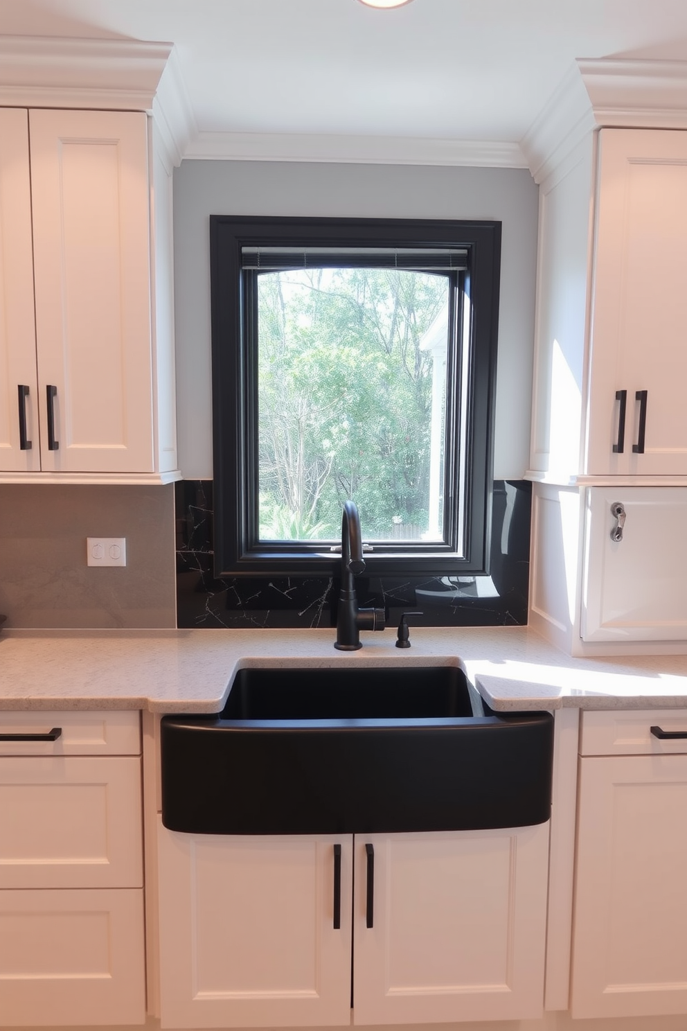 A striking kitchen design featuring a black granite sink as the focal point. The surrounding cabinetry is a sleek white with modern hardware, complementing the boldness of the sink. Above the sink, a stylish window allows natural light to flood the space. The countertops are a light gray quartz, providing a beautiful contrast to the dark sink.