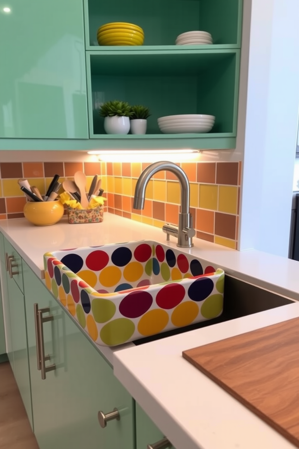 A vibrant kitchen setting featuring a colorful ceramic sink that serves as a focal point. The sink is surrounded by sleek countertops and modern cabinetry, enhancing the cheerful atmosphere of the space.