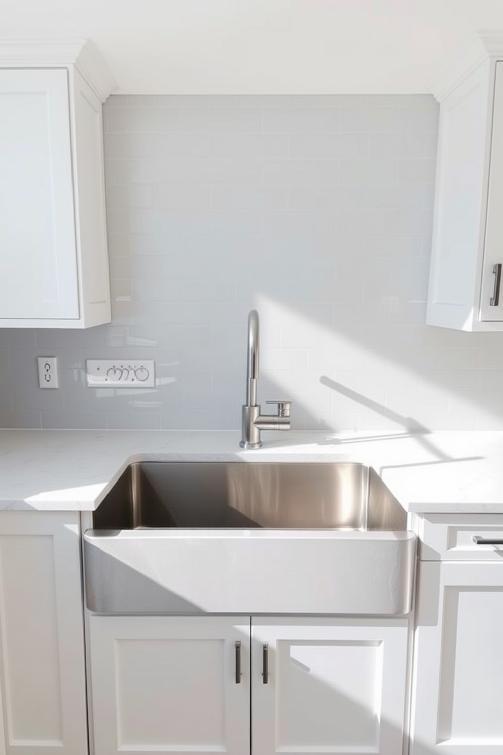 A large single basin kitchen sink is the focal point of this modern kitchen design. It features a sleek stainless steel finish, complemented by a stylish pull-down faucet and ample counter space on either side for functionality. The surrounding cabinetry is painted in a crisp white, enhancing the spacious feel of the kitchen. A minimalist backsplash in soft gray subway tiles adds a touch of elegance while remaining practical for everyday use.