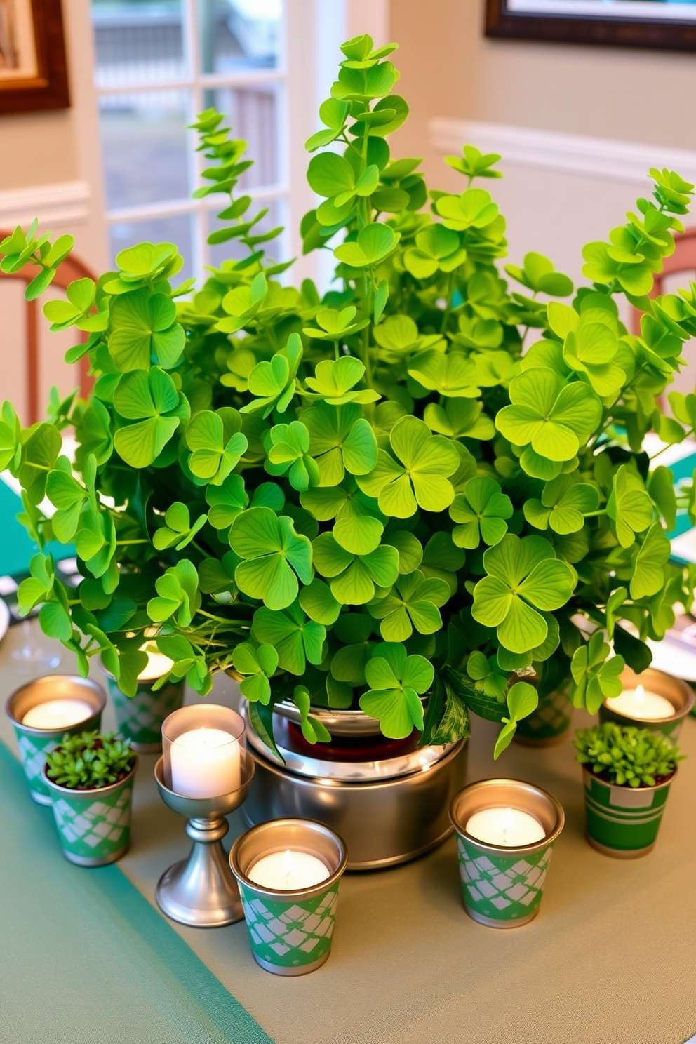 A vibrant green shamrock table centerpiece arrangement featuring a variety of lush shamrocks in differing heights. The centerpiece is surrounded by small decorative pots and candles, creating a festive ambiance perfect for St. Patrick's Day celebrations.