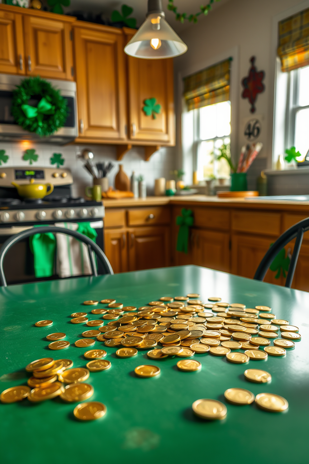 A table is adorned with a playful arrangement of gold coins scattered across its surface. The vibrant atmosphere is enhanced with festive decorations that celebrate St. Patrick's Day, featuring shamrocks and green accents throughout the kitchen.