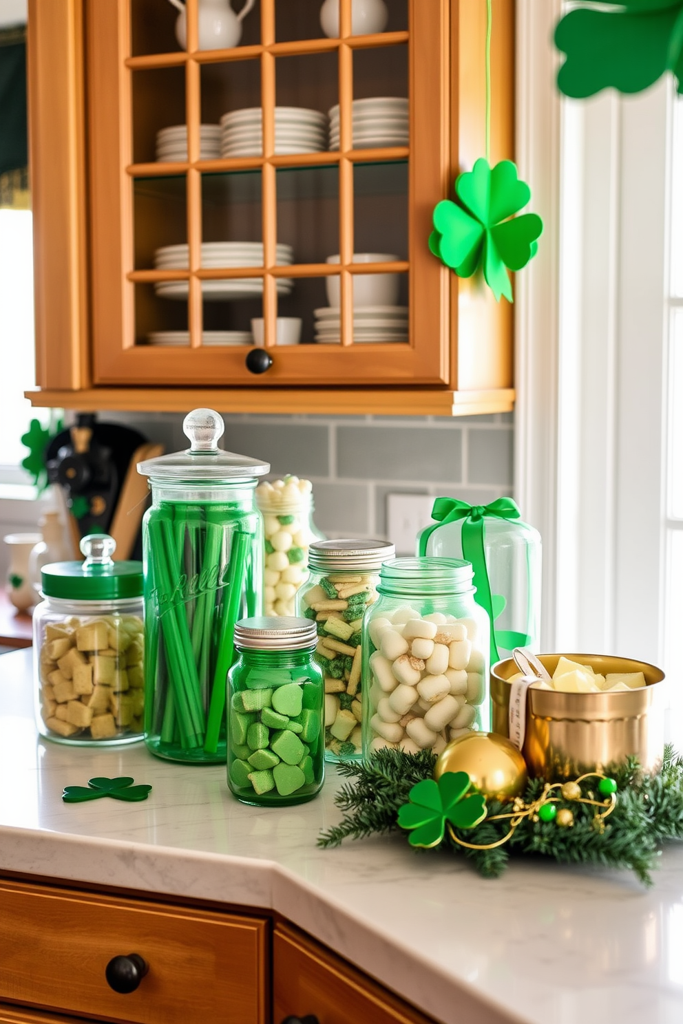 A charming kitchen scene adorned for St. Patrick's Day. On the countertop, green glass jars filled with assorted treats are artfully arranged, surrounded by festive decorations like shamrocks and gold accents.