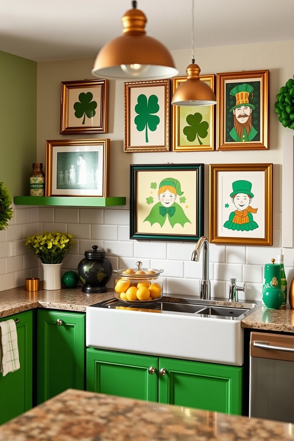 A vibrant kitchen adorned with lucky charm themed wall art creates a festive atmosphere for St. Patrick's Day. The walls are decorated with framed prints of shamrocks and leprechauns, while a green and gold color palette enhances the cheerful ambiance.