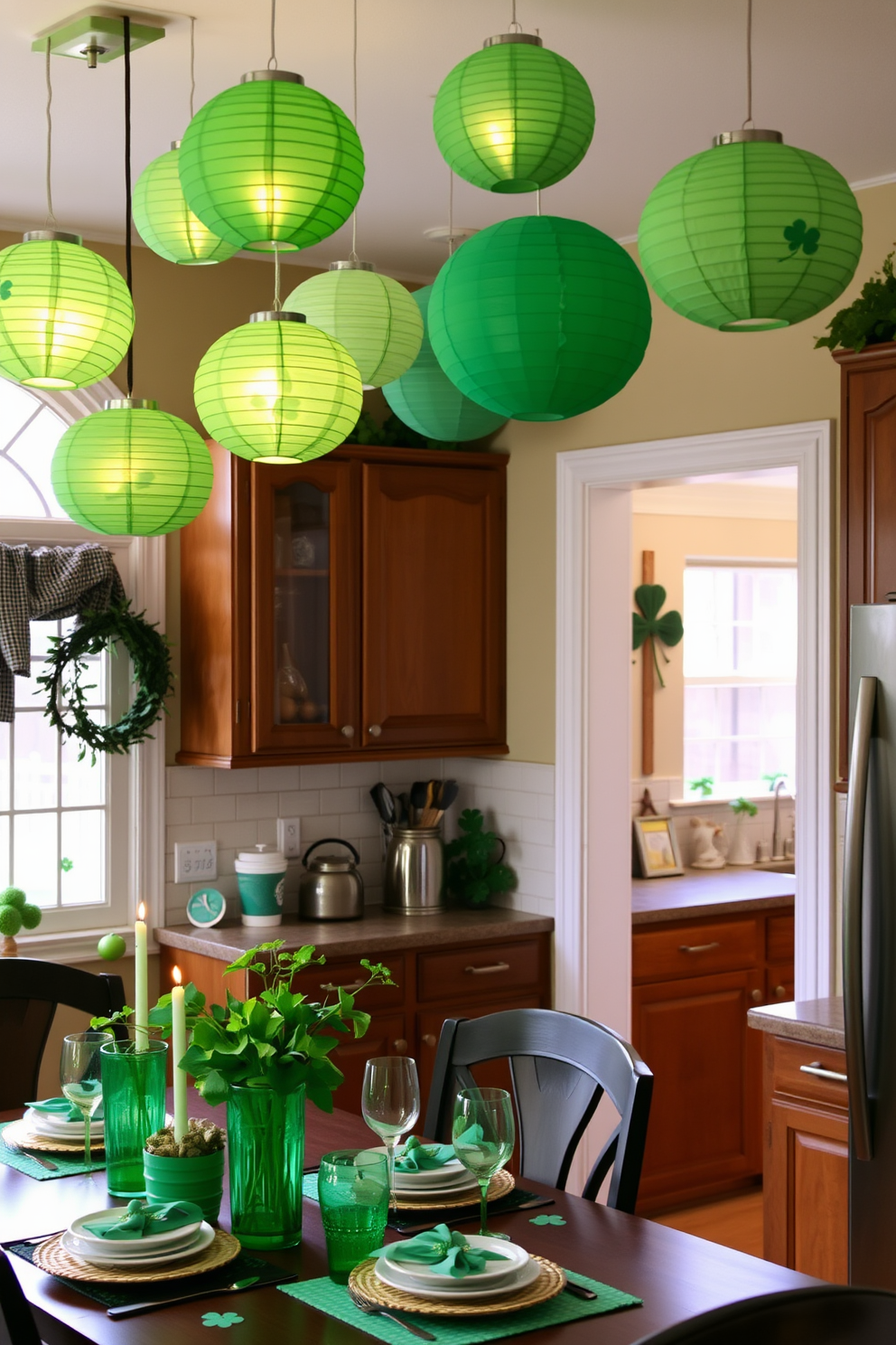 A vibrant kitchen setting adorned with green glassware for festive drinks. The countertops are decorated with shamrock-themed decorations and a cheerful table setting perfect for St. Patrick's Day celebrations.