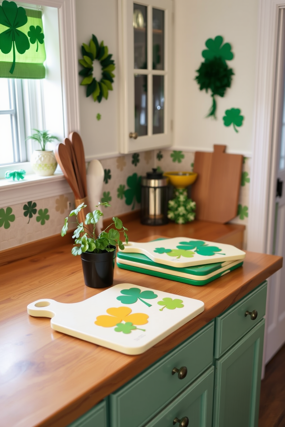 A charming kitchen adorned with St Patrick's Day decorations. The focal point is a set of vibrant cutting boards featuring shamrock designs, arranged neatly on a wooden countertop. The walls are decorated with green and gold accents, creating a festive atmosphere. A small potted plant with clovers sits beside the cutting boards, adding a touch of nature to the decor.