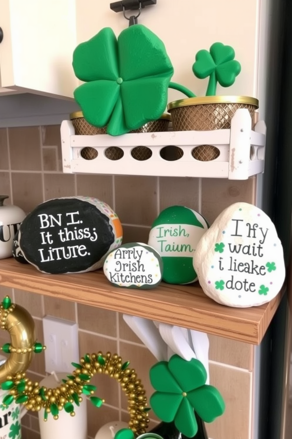 A charming kitchen setting adorned with DIY painted rocks featuring Irish sayings. The rocks are placed on a rustic wooden shelf, surrounded by green and gold decorations for St. Patrick's Day.