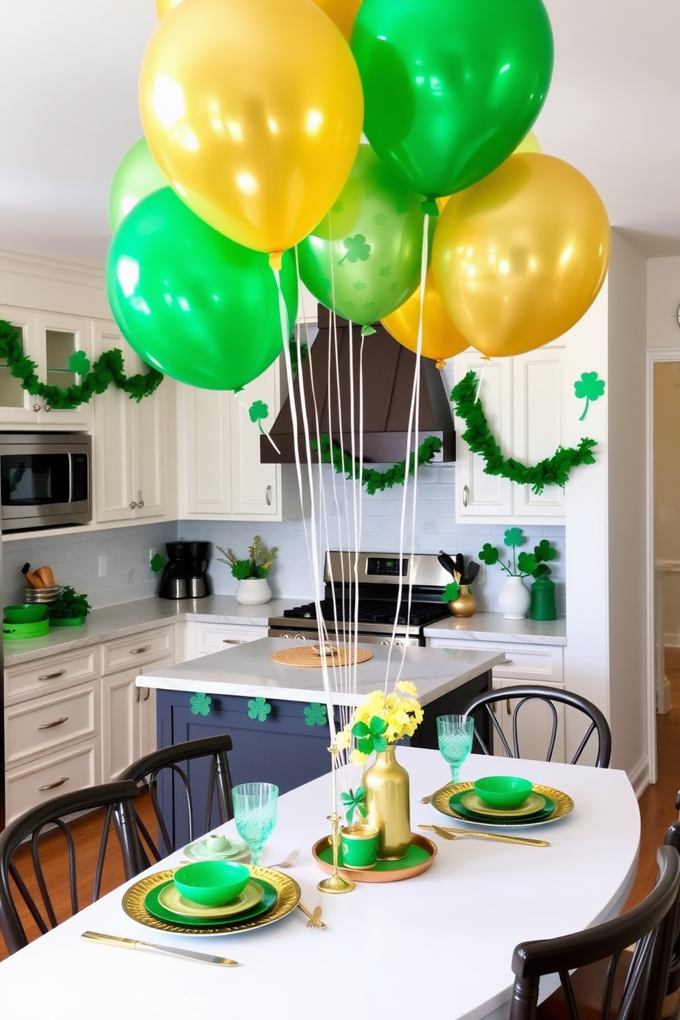 A festive kitchen decorated for St. Patrick's Day features green and gold balloons floating above the island. The walls are adorned with shamrock garlands and a cheerful table setting includes green tableware and gold accents.