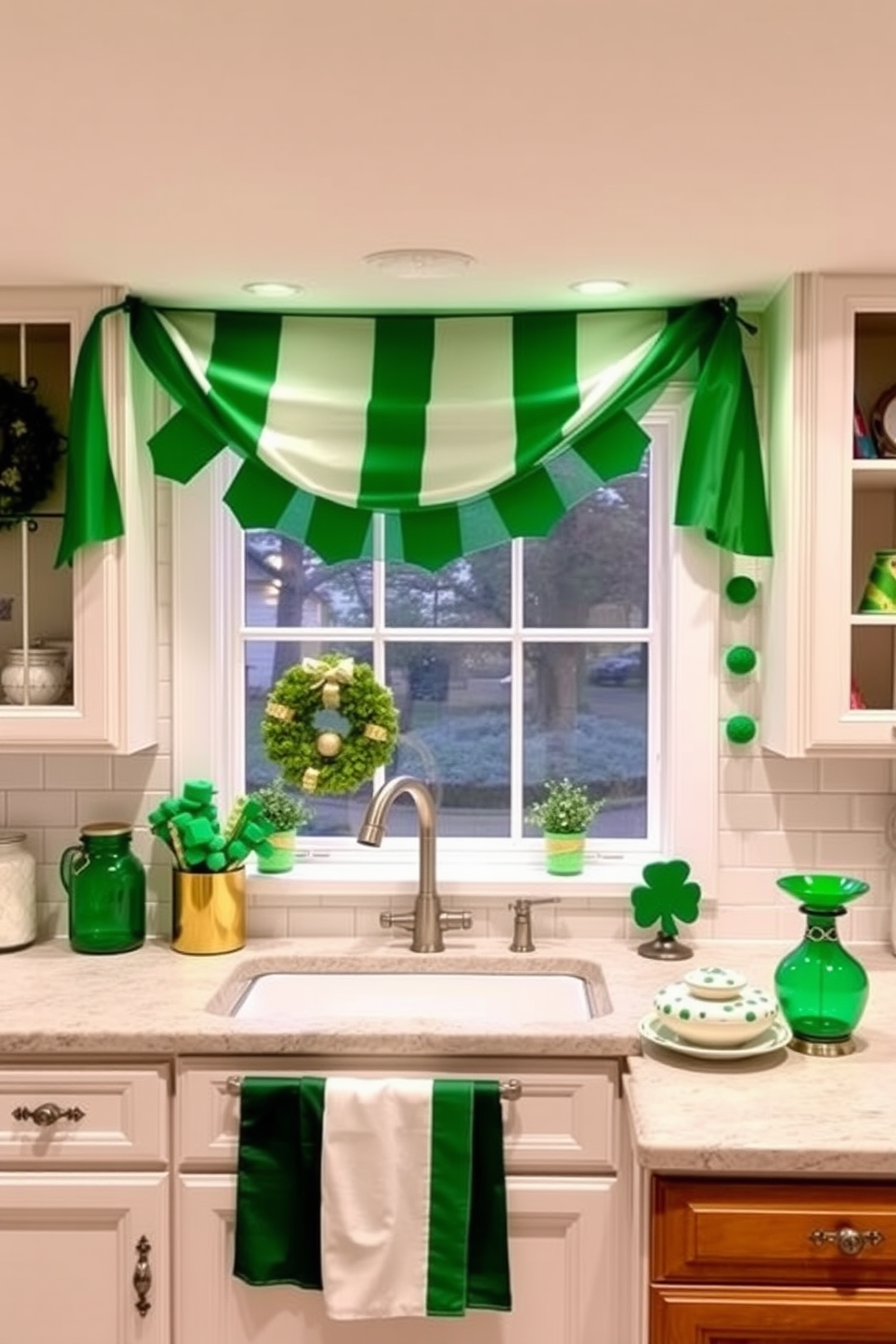 A lively kitchen adorned with gold foil balloons creating a festive atmosphere. The countertops are decorated with green accents, including shamrock-themed tableware and a vibrant centerpiece of fresh flowers.