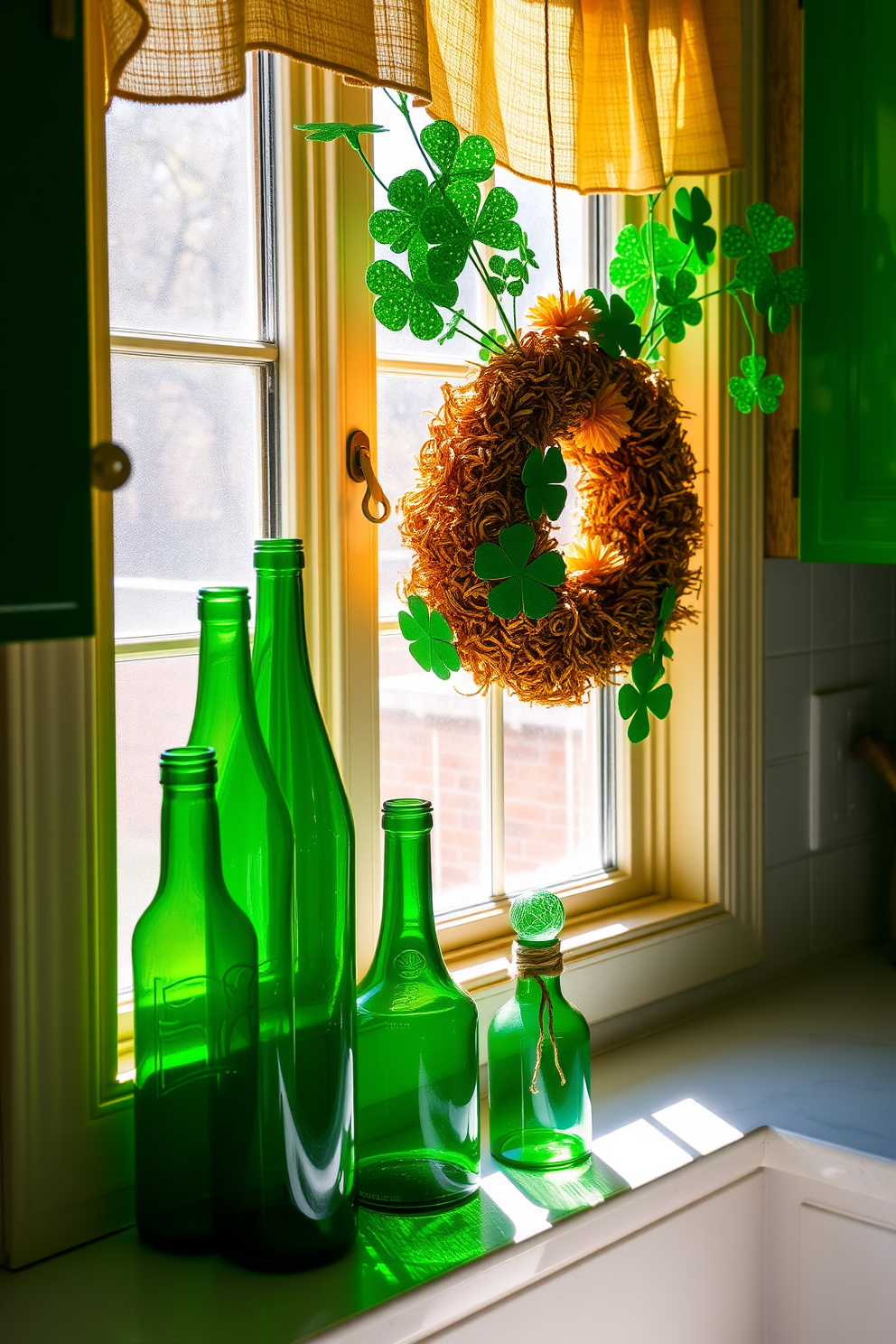 A charming kitchen adorned for St. Patrick's Day features decorative green bottles elegantly arranged on the windowsill. The sunlight filters through, casting a warm glow on the vibrant green hues, enhancing the festive atmosphere.