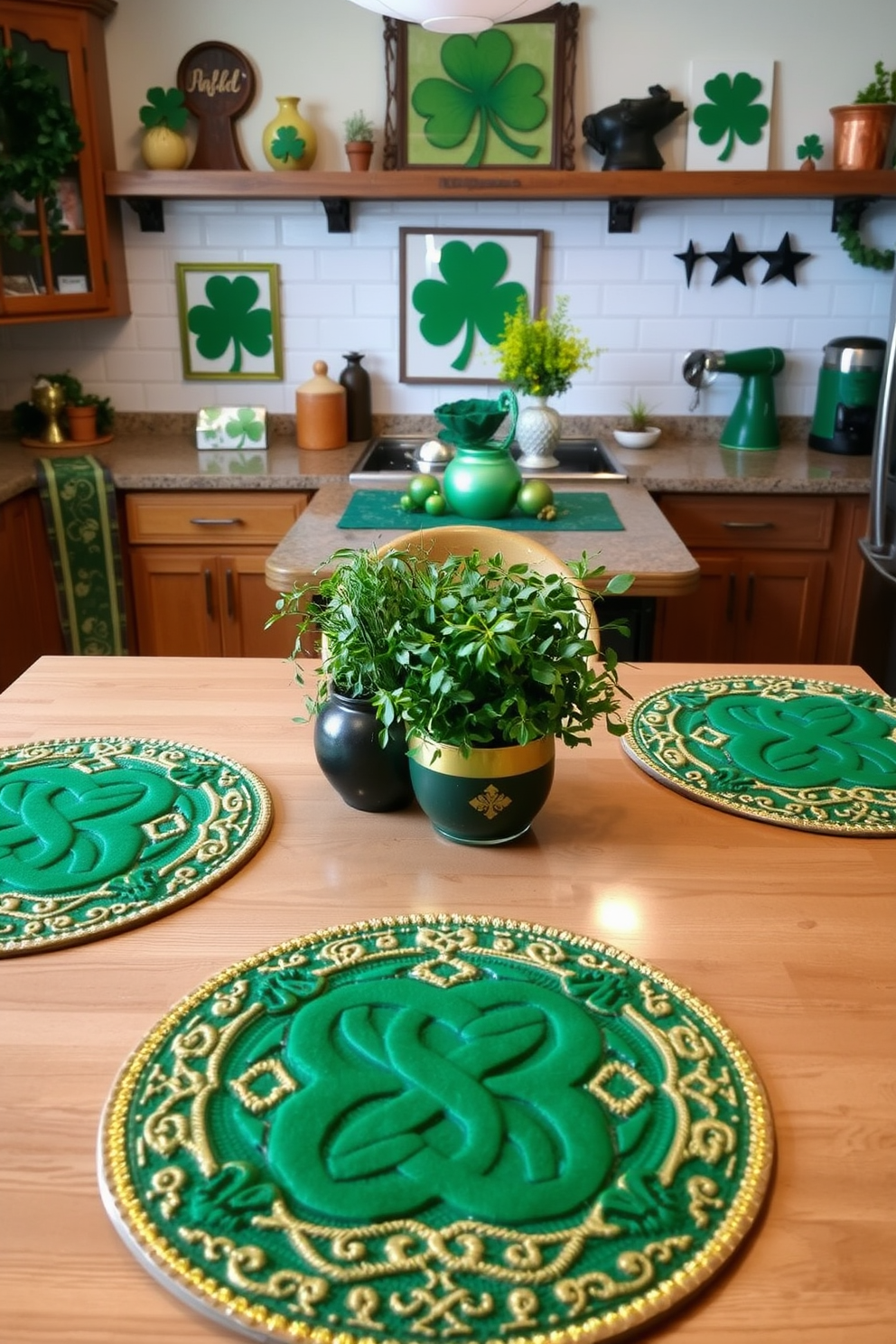 A vibrant kitchen setting that incorporates the colors of the Irish flag. The cabinetry is painted in rich green, bright orange accents are featured on the island, and crisp white countertops complete the look. Festive decorations are tastefully arranged to celebrate St. Patrick's Day. Shamrock-themed tableware and garlands add a cheerful touch, while a bowl of fresh green apples sits prominently on the countertop.