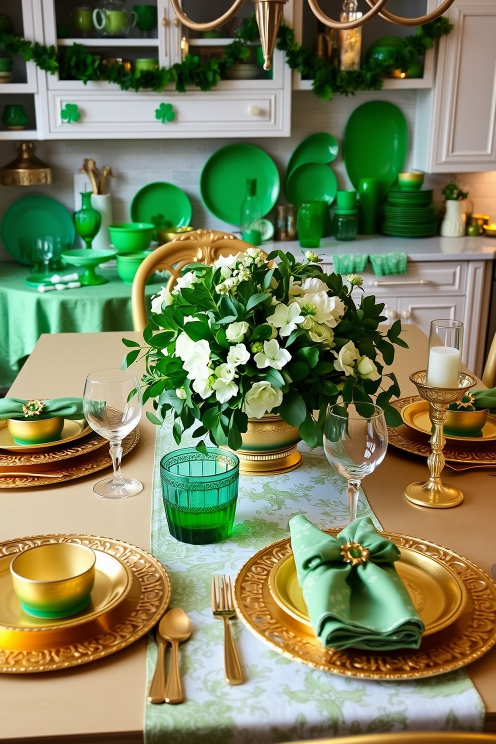 A festive dining table is set with elegant gold and green tableware, featuring intricate patterns that catch the light beautifully. The centerpiece includes a lush arrangement of fresh green foliage and white flowers, complemented by shimmering gold accents. For St. Patrick's Day, the kitchen is adorned with playful decorations in shades of green, including shamrock garlands and whimsical table linens. A vibrant display of green dishes and glassware adds a cheerful touch, inviting warmth and celebration into the space.