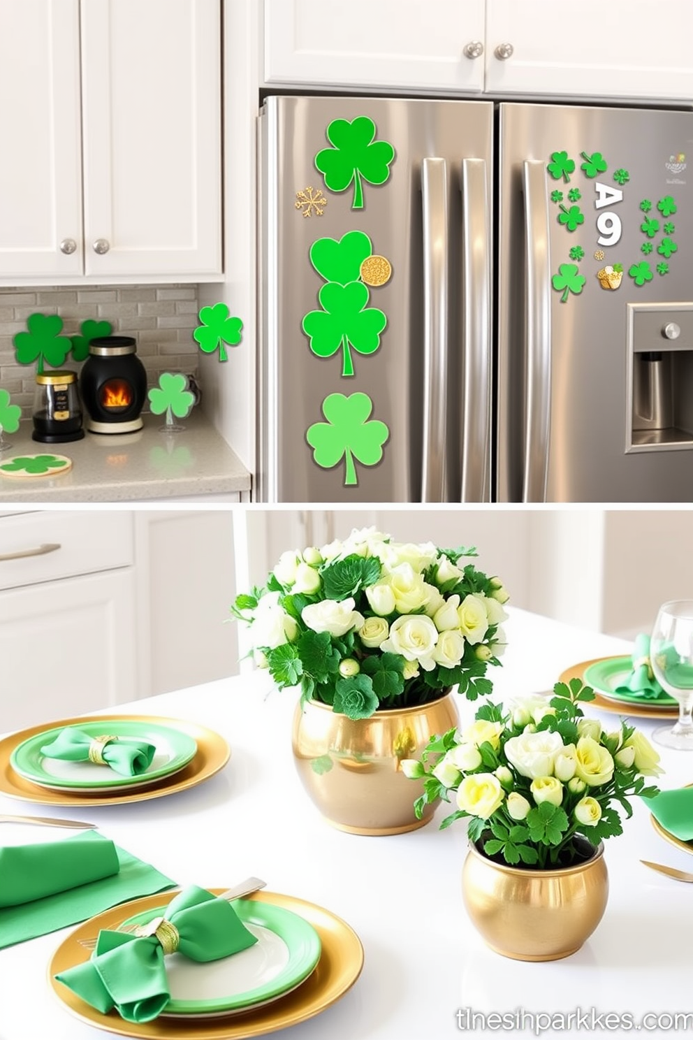 A collection of St. Patrick's Day themed fridge magnets showcasing various designs such as shamrocks, leprechauns, and pots of gold. The magnets are vibrant and colorful, adding a festive touch to a modern kitchen with white cabinetry and stainless steel appliances. Creative kitchen decorating ideas for St. Patrick's Day featuring green and gold accents. Include table settings with shamrock napkins, green dishware, and a centerpiece made of fresh flowers in a decorative pot.