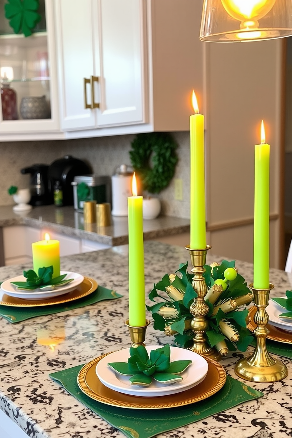 A cozy kitchen setting adorned with green and gold candles that create a warm ambiance. The countertops are decorated with festive St. Patrick's Day elements, including shamrock motifs and elegant tableware.