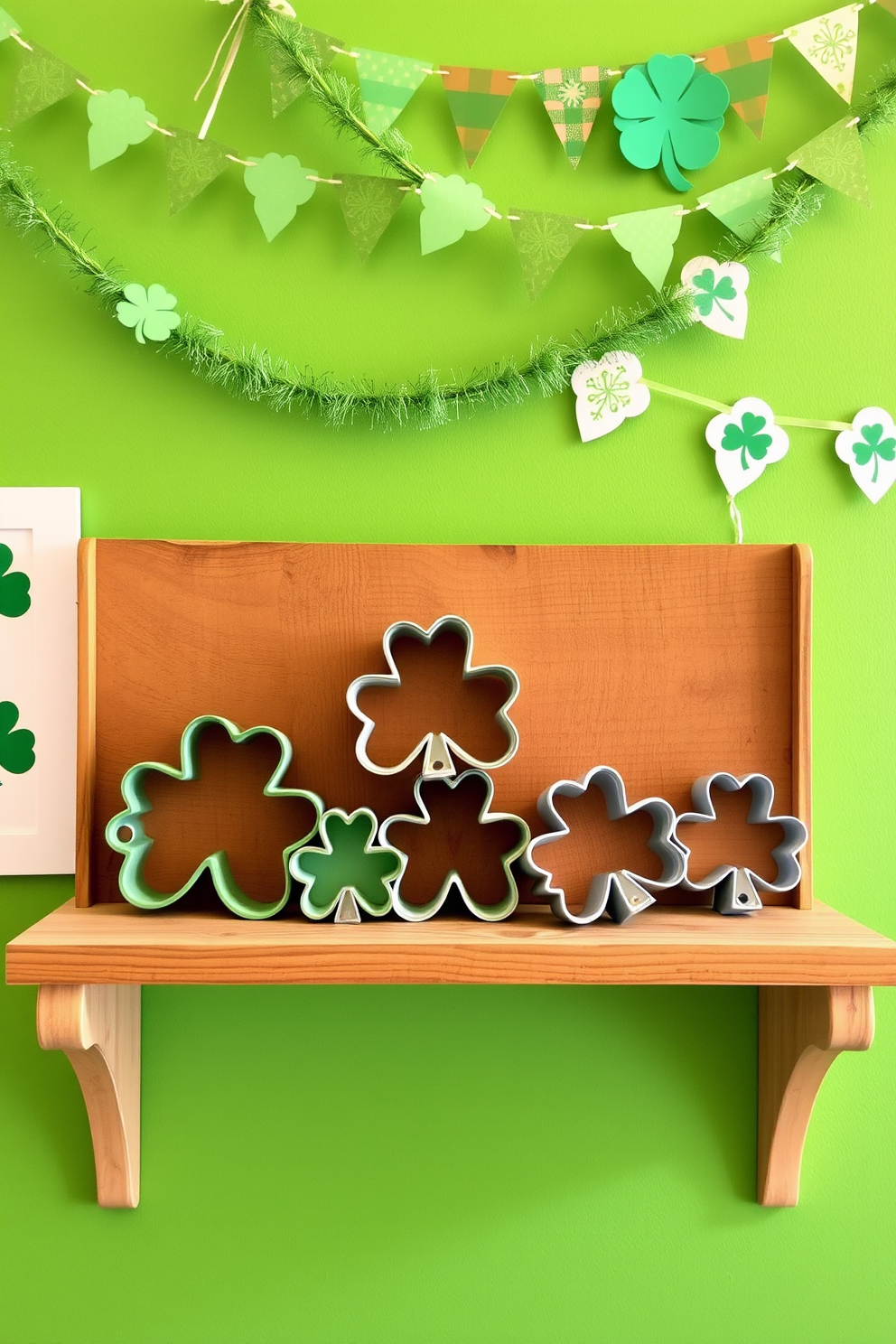 A collection of vibrant St Patrick's Day themed fridge magnets featuring shamrocks, leprechauns, and pots of gold. The magnets are arranged on a white refrigerator, creating a festive atmosphere in the kitchen. The kitchen is adorned with cheerful green and gold decorations, including a table runner with shamrock patterns and matching dish towels. A whimsical wreath made of green garland and miniature leprechaun hats hangs on the door, adding to the celebratory spirit.