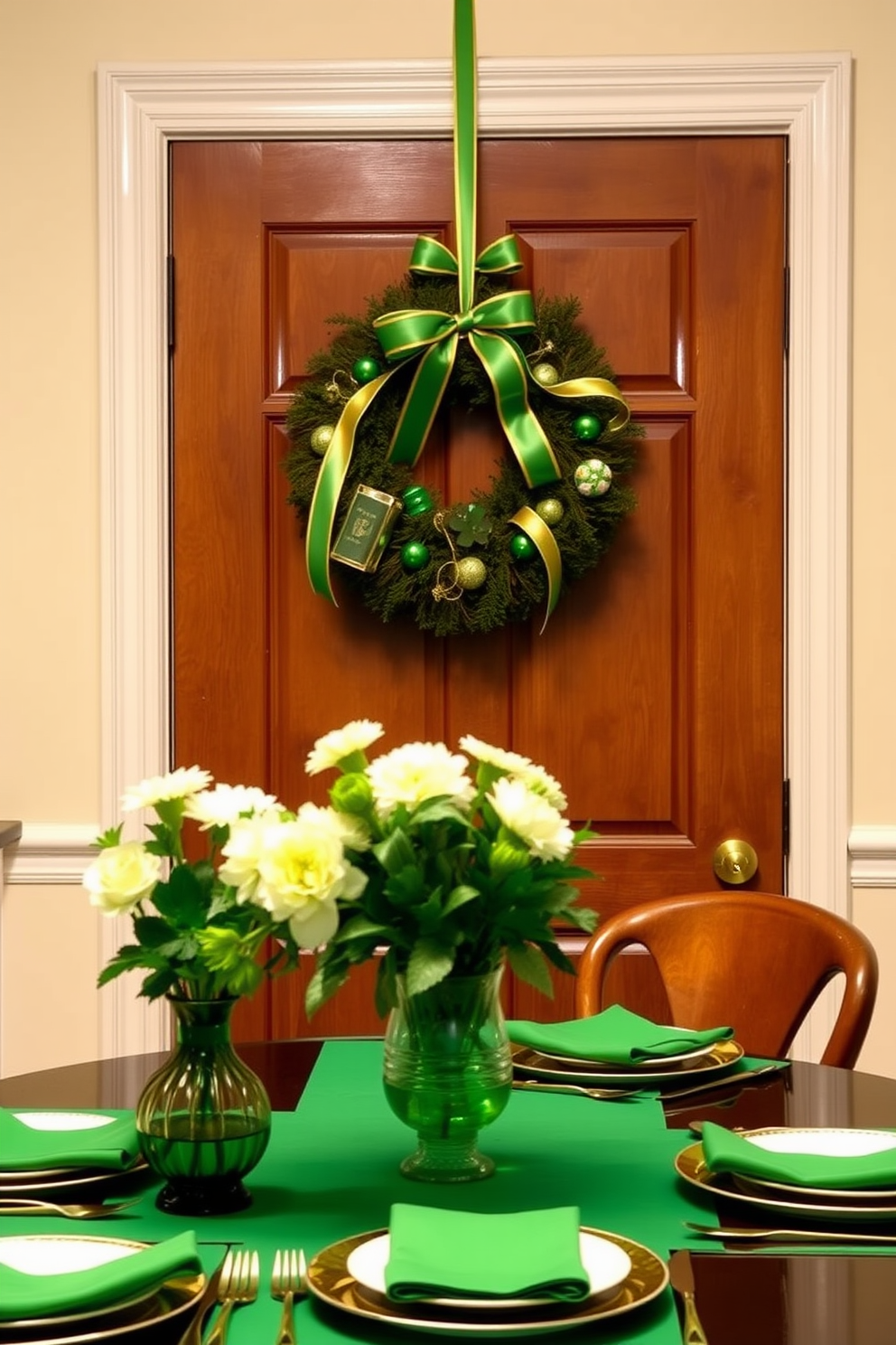 A festive wreath adorned with green and gold ribbons hangs on the kitchen door, welcoming guests with a touch of holiday cheer. The wreath is embellished with shamrocks and small decorative elements that evoke the spirit of St. Patrick's Day. Inside the kitchen, vibrant green table linens are set on the dining table, complemented by gold accents in the tableware. Fresh flowers in shades of white and green are arranged in a vase, adding a lively touch to the festive decor.