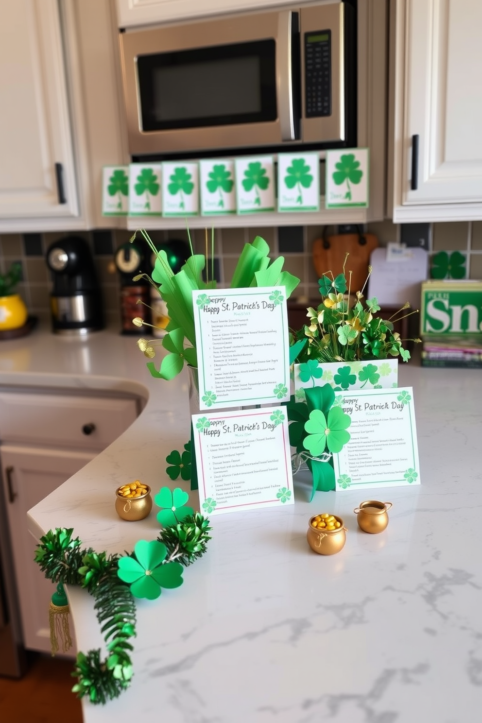 A vibrant kitchen adorned with hanging green streamers cascading from the ceiling creates a festive atmosphere. The countertops are decorated with shamrock-themed tableware and a centerpiece of fresh flowers in shades of green and white.