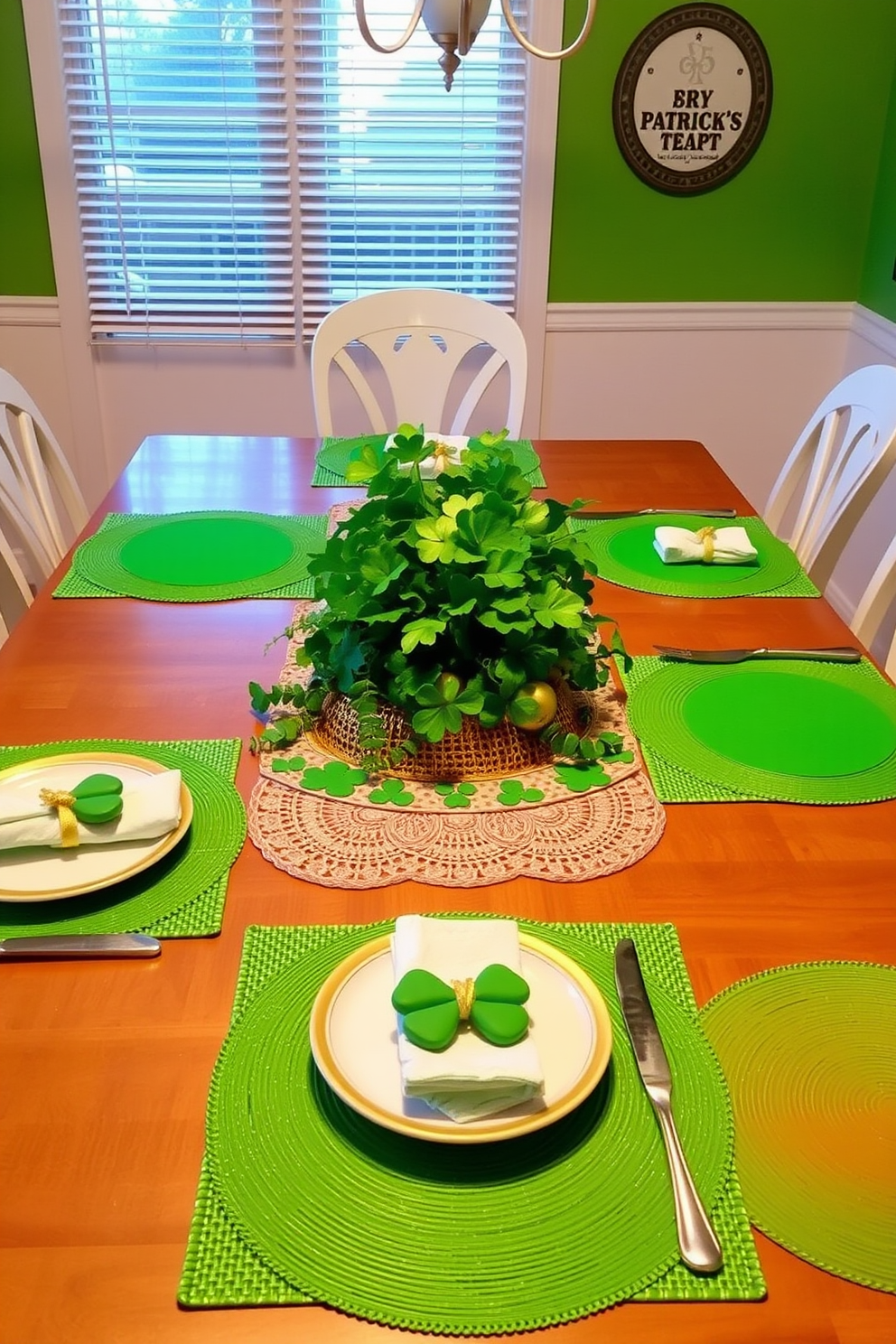 A festive dining table is set with vibrant green placemats that complement the cheerful atmosphere of St. Patrick's Day. The table features a centerpiece of fresh shamrocks and decorative gold accents, creating a warm and inviting setting for celebration.