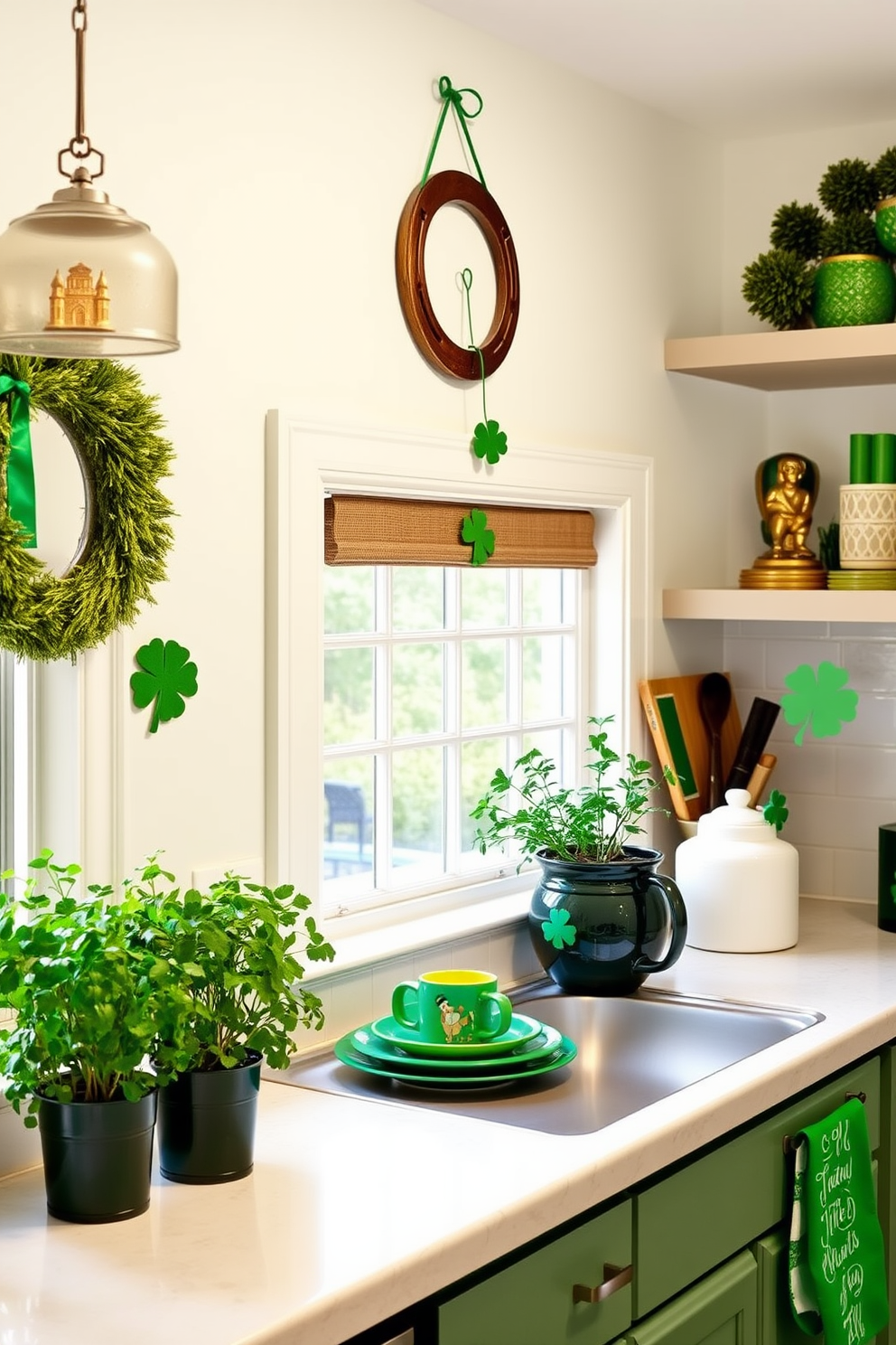 A charming kitchen adorned with St. Patrick's Day decorations. A lucky horseshoe hangs prominently on the wall, surrounded by green and gold accents that evoke the spirit of the holiday. The countertops are adorned with festive tableware featuring shamrocks and leprechauns. Fresh herbs in green pots sit on the windowsill, adding a touch of life and color to the space.