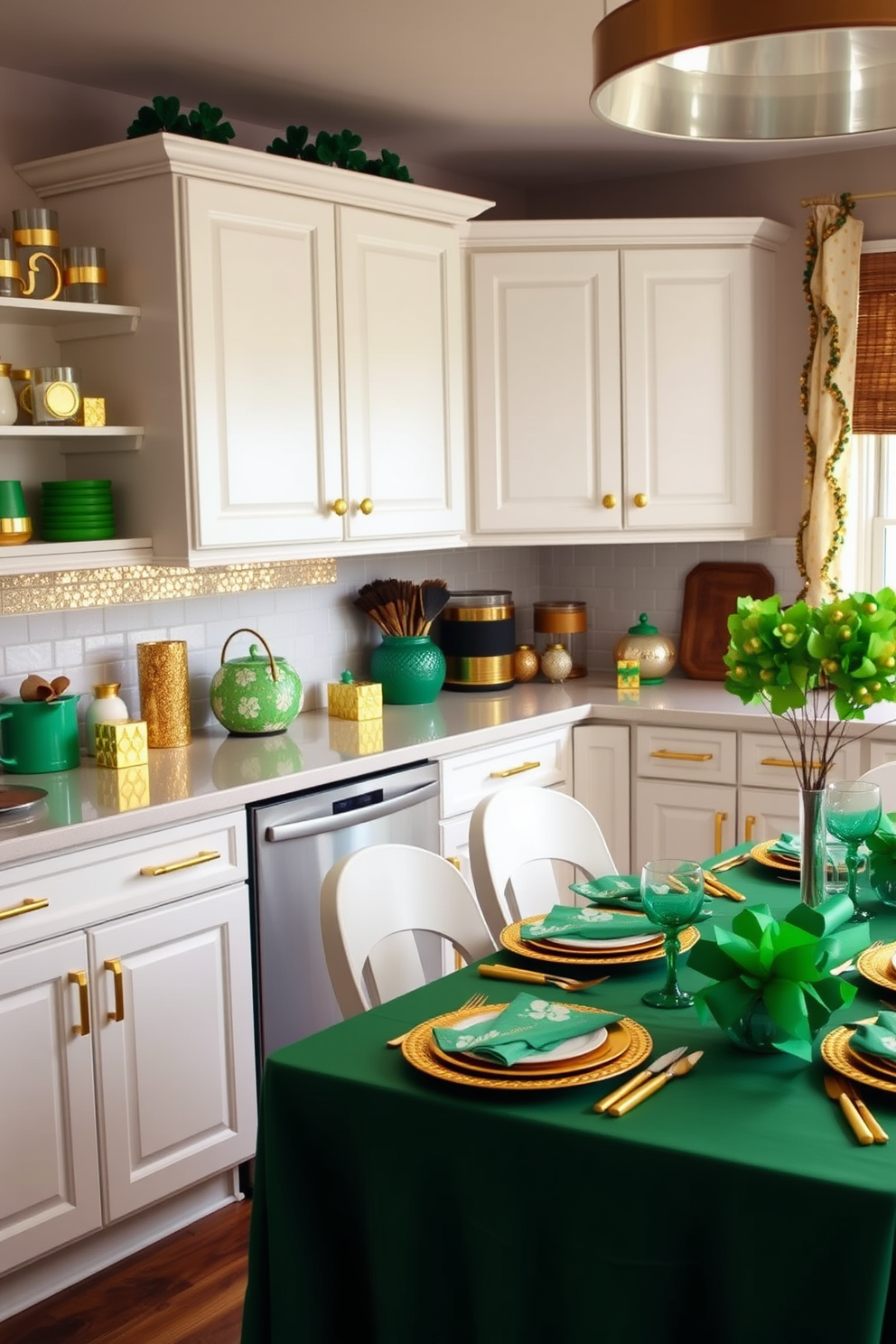 A modern kitchen adorned with gold glitter accents throughout the decor. The cabinets feature gold handles, and decorative items on the countertop sparkle with a touch of gold. A festive kitchen setting for St. Patrick's Day, filled with green and gold decorations. Shamrock-themed tableware and garlands create a cheerful atmosphere, complemented by a green tablecloth and gold accents.