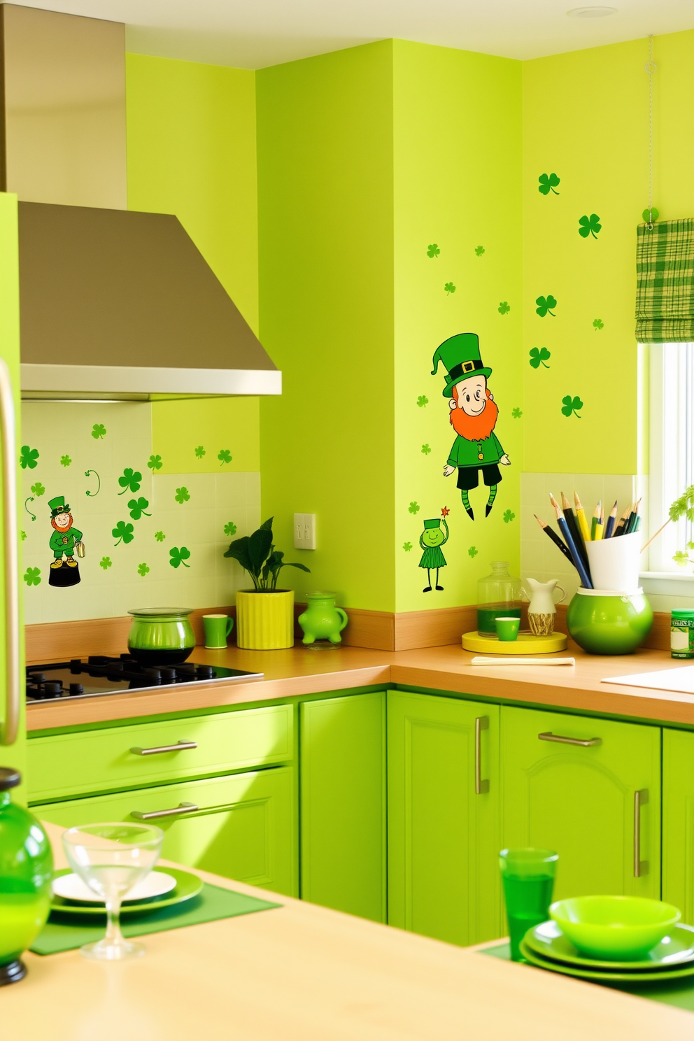 A vibrant kitchen adorned with St Patrick's Day themed wall decals featuring shamrocks and leprechauns. The walls are painted in a cheerful light green, and the countertops are decorated with festive tableware and green accents.